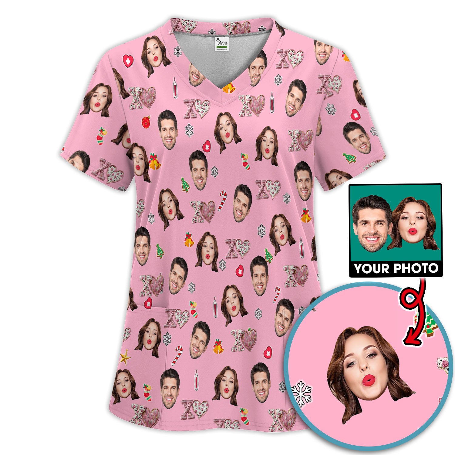 Custom Face Pattern XOXO Scrub Shirt, Personalized Photo Scrub Set, Breathable Fabrics Nursing Uniform