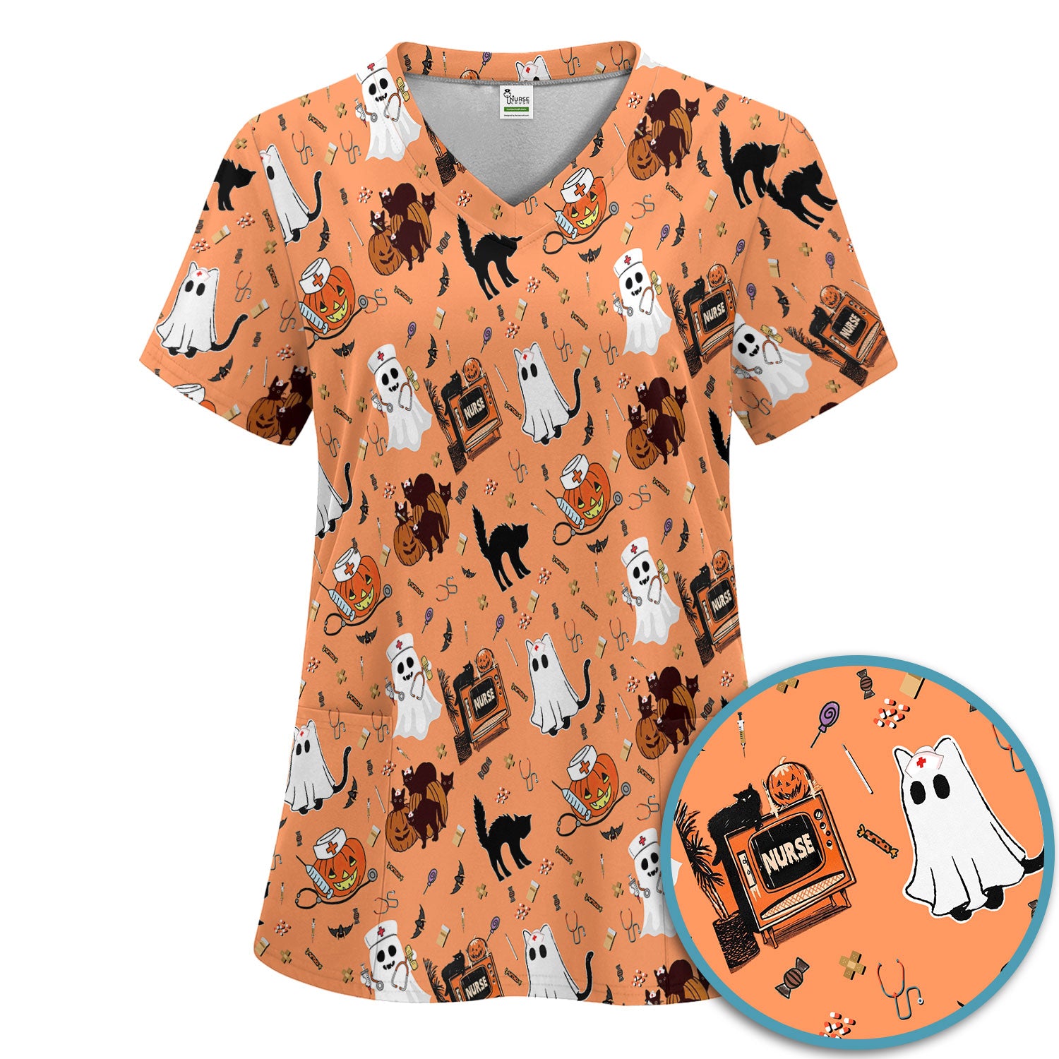 Halloween Scrub Set for Nurse - Cute Pumpkin Ghost Cat Medical Pants and V Neck Top - Spooky Uniform for Women RN CNA LPN