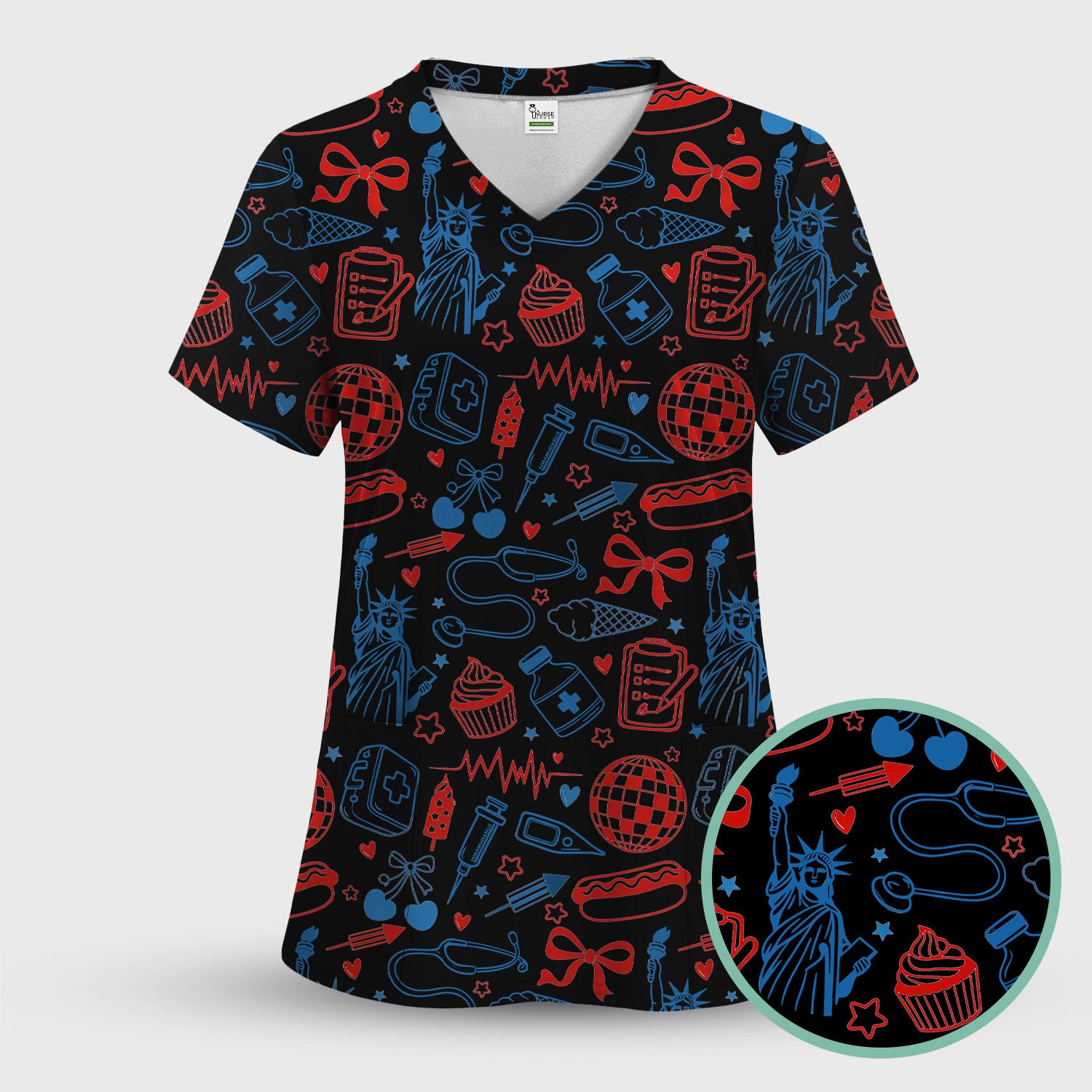 Patriotic Nurse Medical Icons Pattern Scrub Set, Scrub Pants and V Neck Top