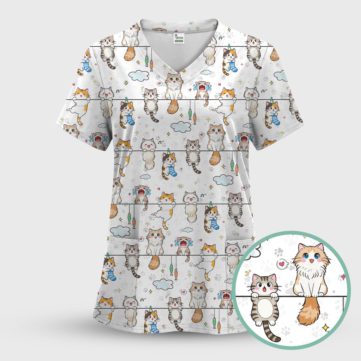 Funny Cats With Cute Expressions Pattern Scrubs Top, Comfortable Scrubs for Nurses
