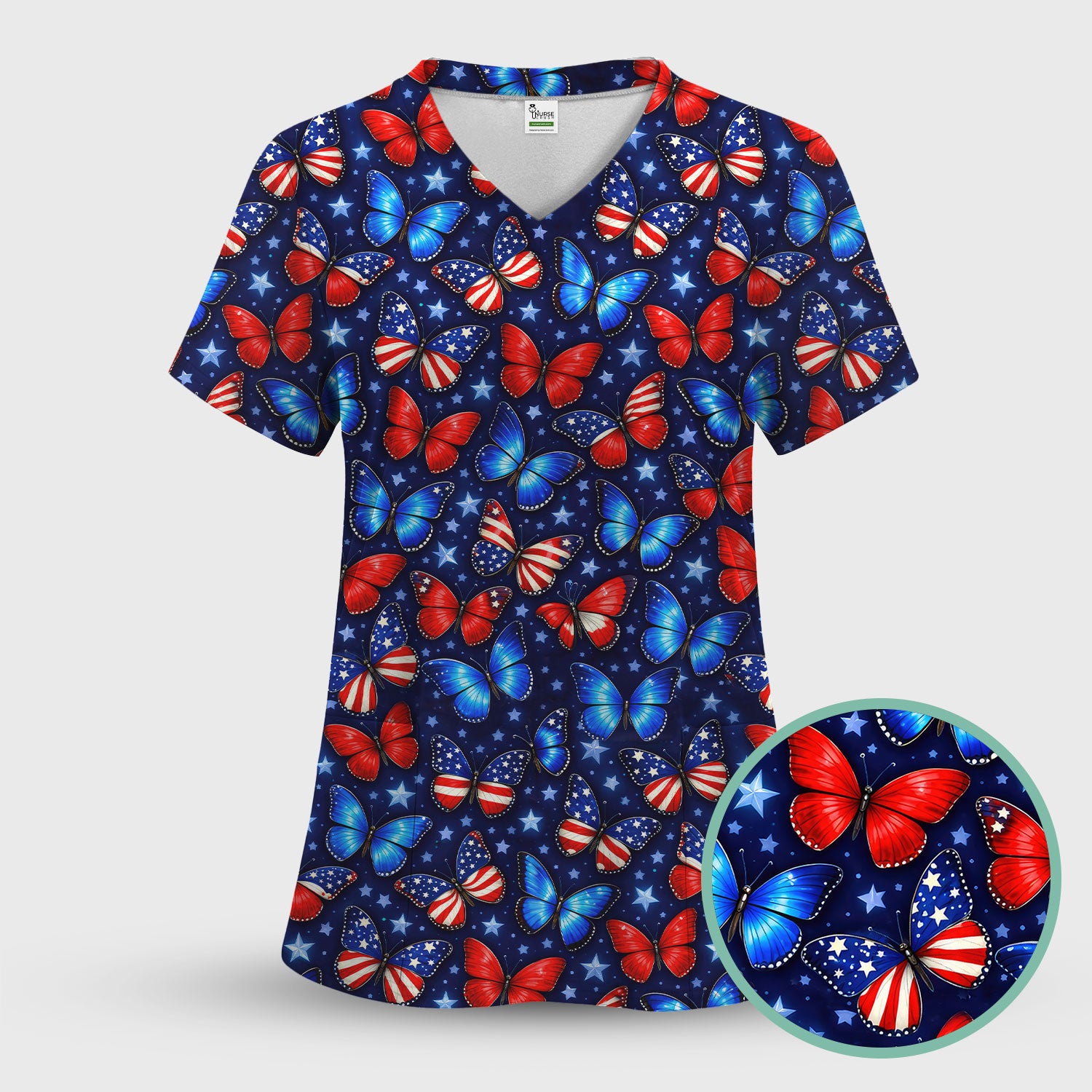 Patriotic Butterfly Stars Pattern Scrubs Sets, Scrub Pants and V Neck Top