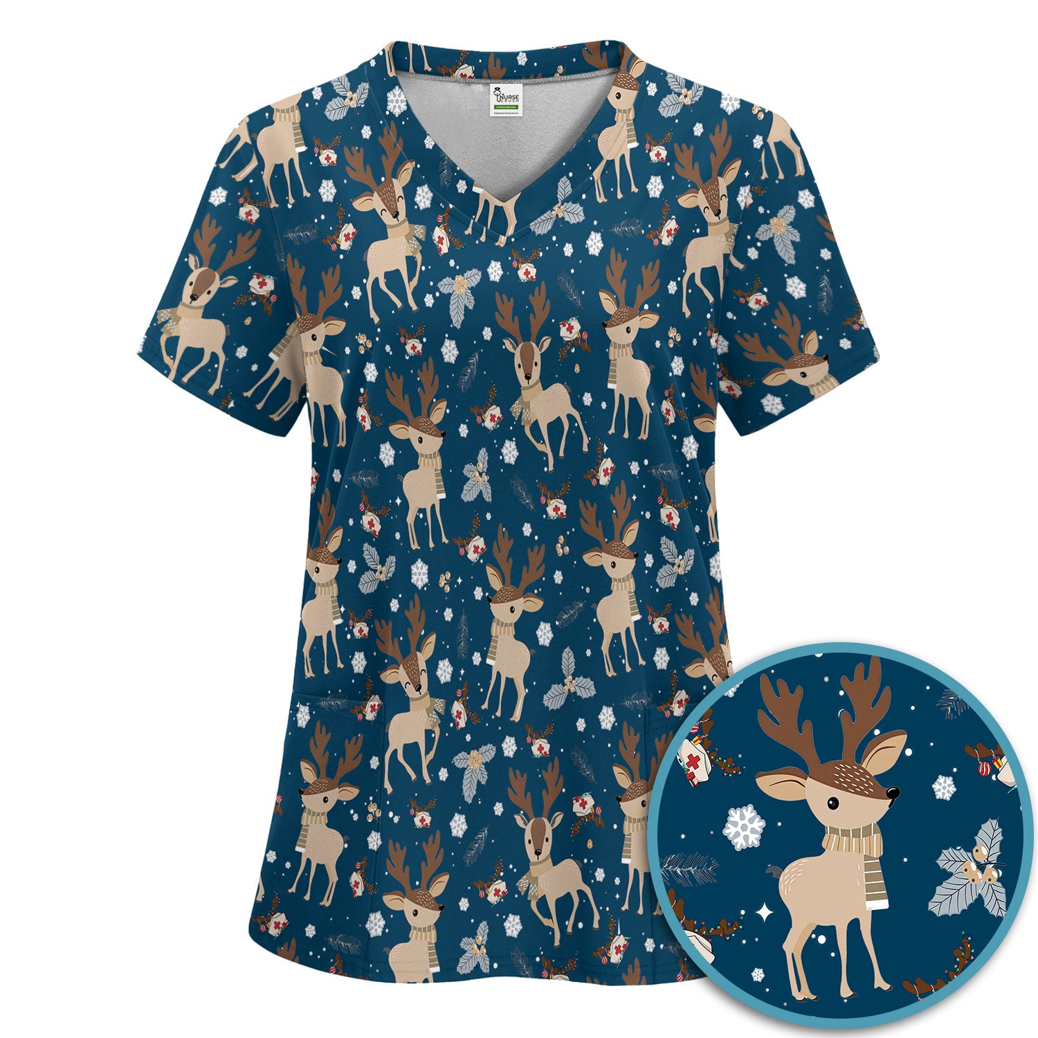 Reindeer Christmas Scrub Set - Cozy Beige Holiday Nurse Shirt with Cute Deer Pattern - Festive Medical Scrubs Pants and V Neck Top