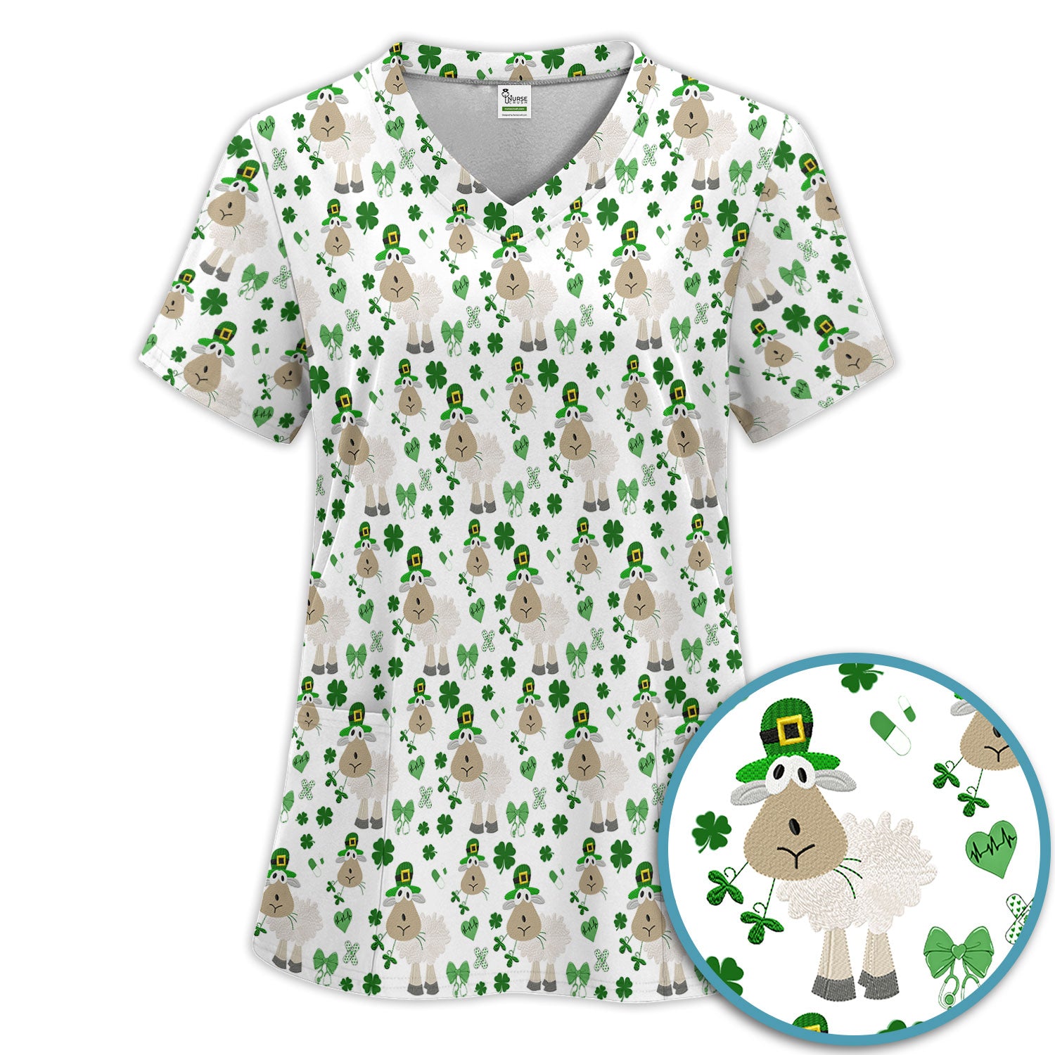 Nurse St. Patrick Scrubs Set, Cute Sheep Shamrock Pattern Nurse Shirt, Breathable Fabrics Nursing Uniform