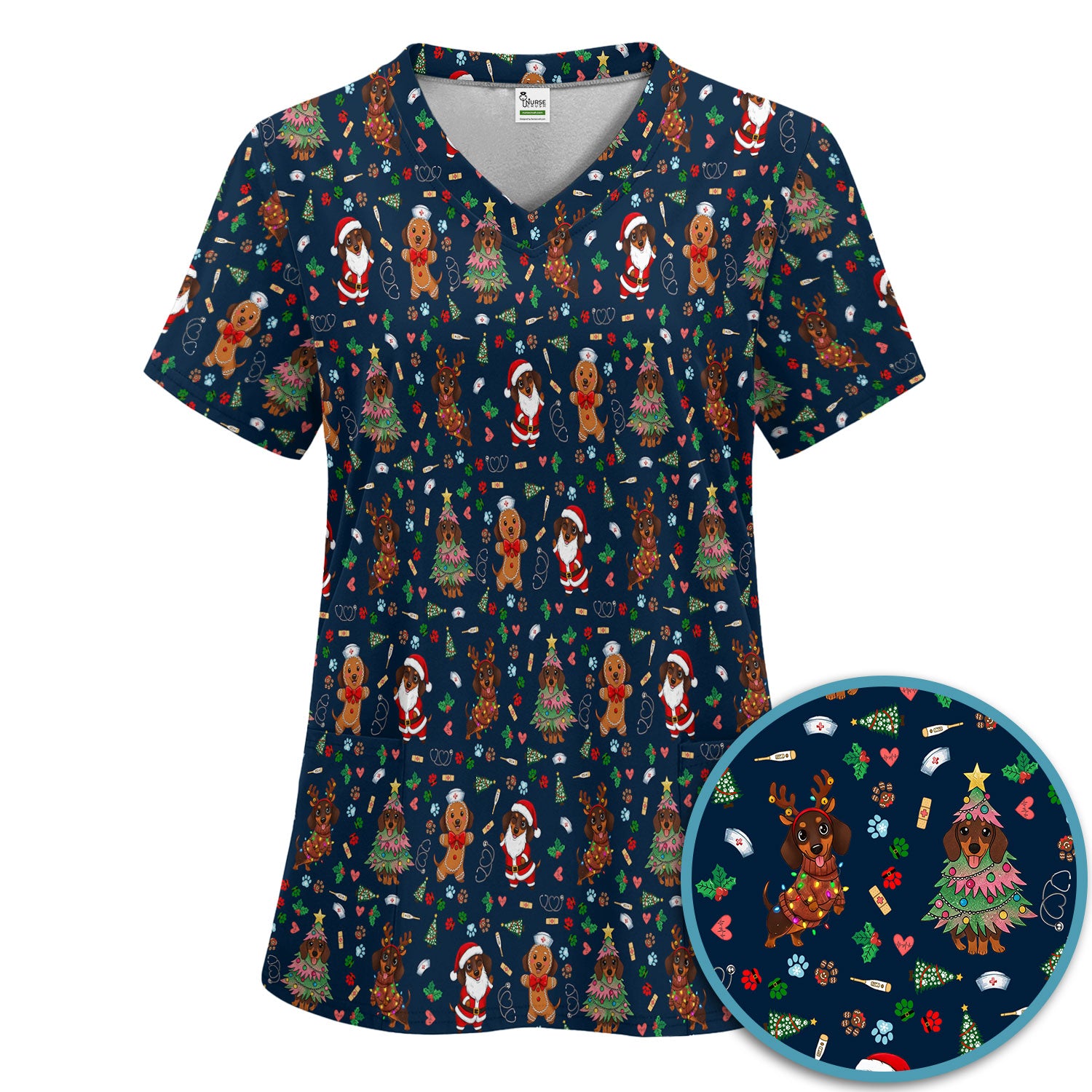 Wiener Dog Christmas Scrub Set – Funny Dachshund Pattern Medical Shirt – Festive Holiday Uniform for RN, LPN, CNA, and Vet Techs
