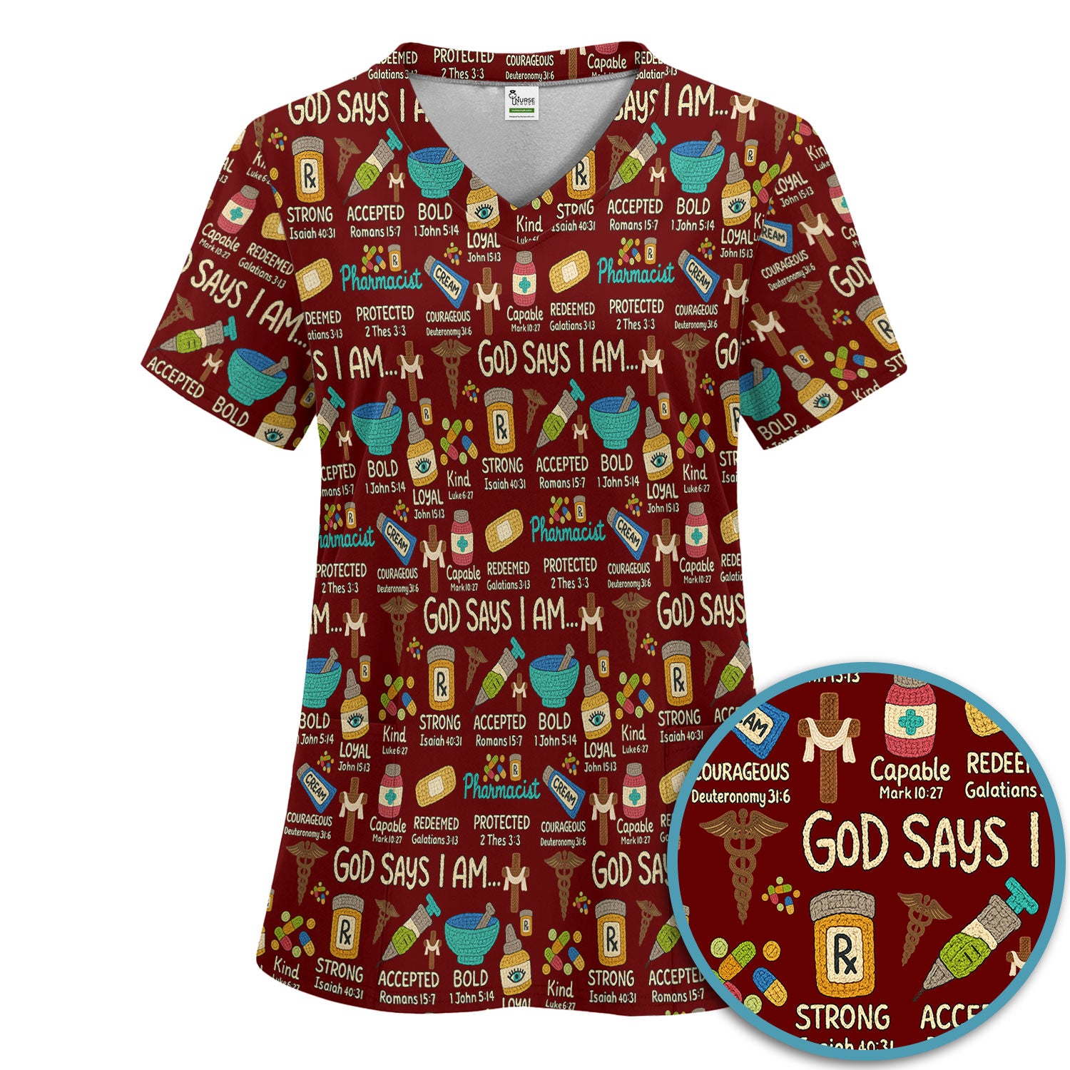 God Says I Am Pharmacist Scrub Set - Christian Pharmacy Scrubs Pants and V Neck Top for Women - Bible Verse Nurse Shirt