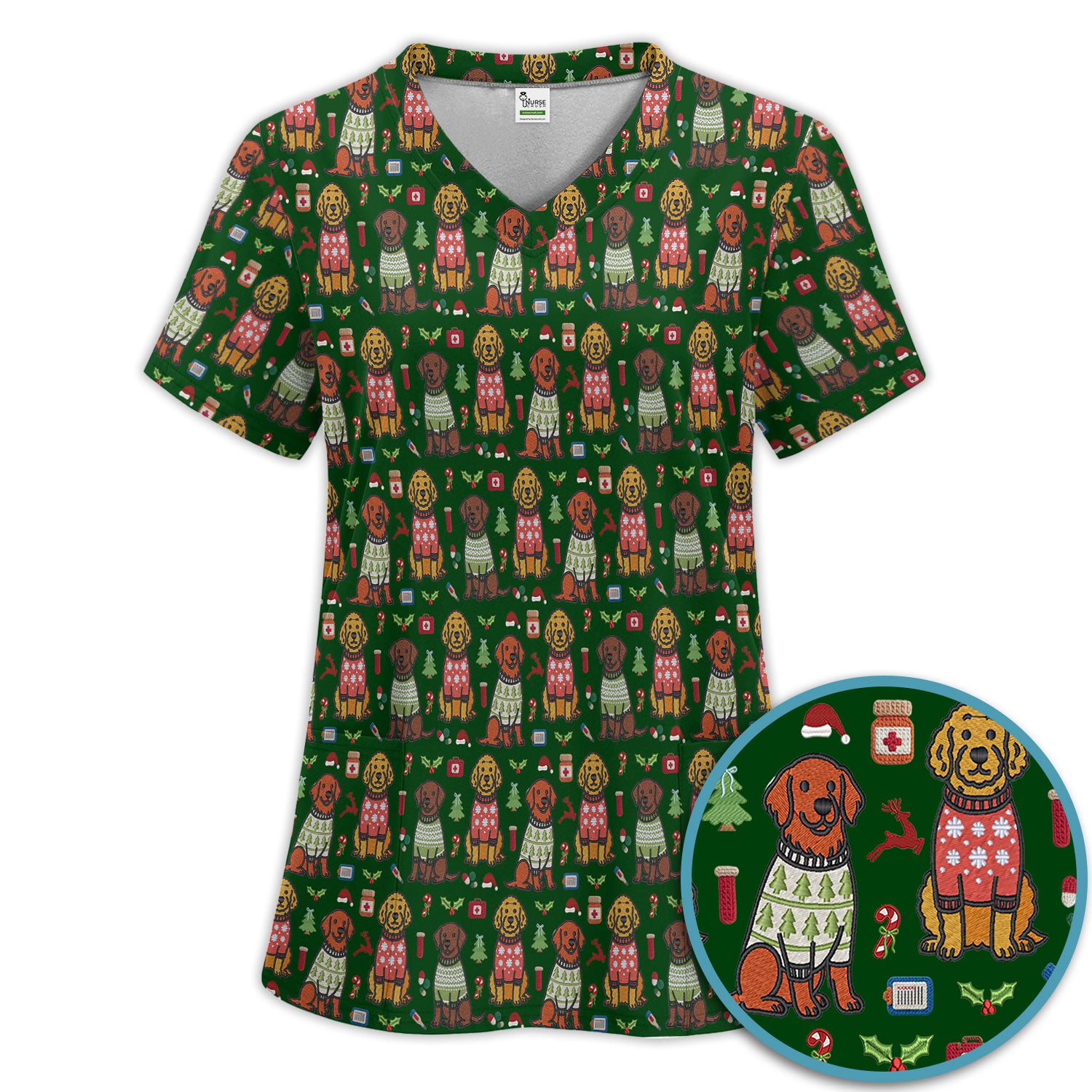 Golden Retriever Christmas Scrub Set, Cute Holiday Dog Nurse Pattern Shirt, Breathable Fabrics Nursing Uniform
