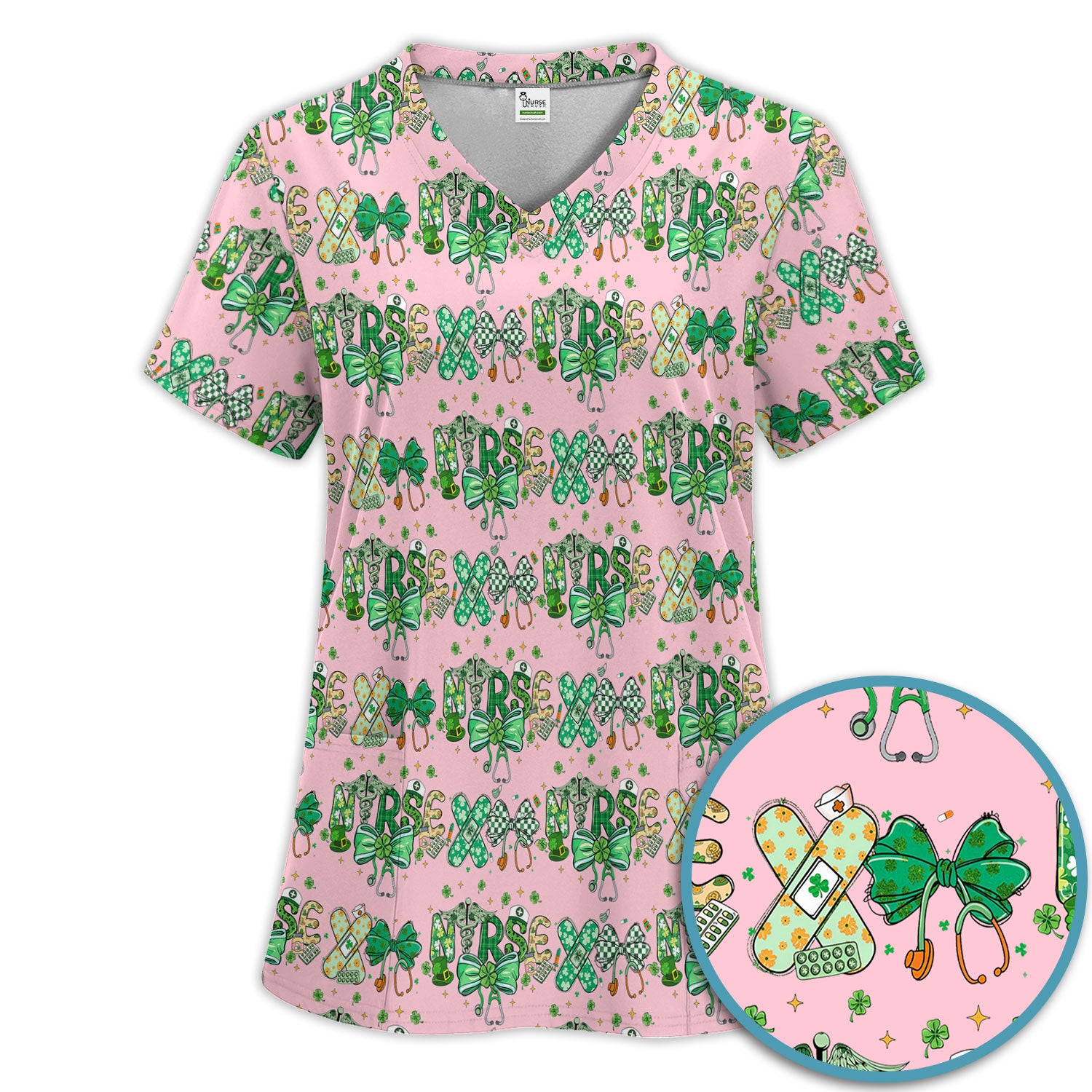 St. Patrick’s Nurse Scrub Set, Lucky Clover And Green Bow Pattern Nurse Shirt, Breathable Fabrics Nursing Uniform