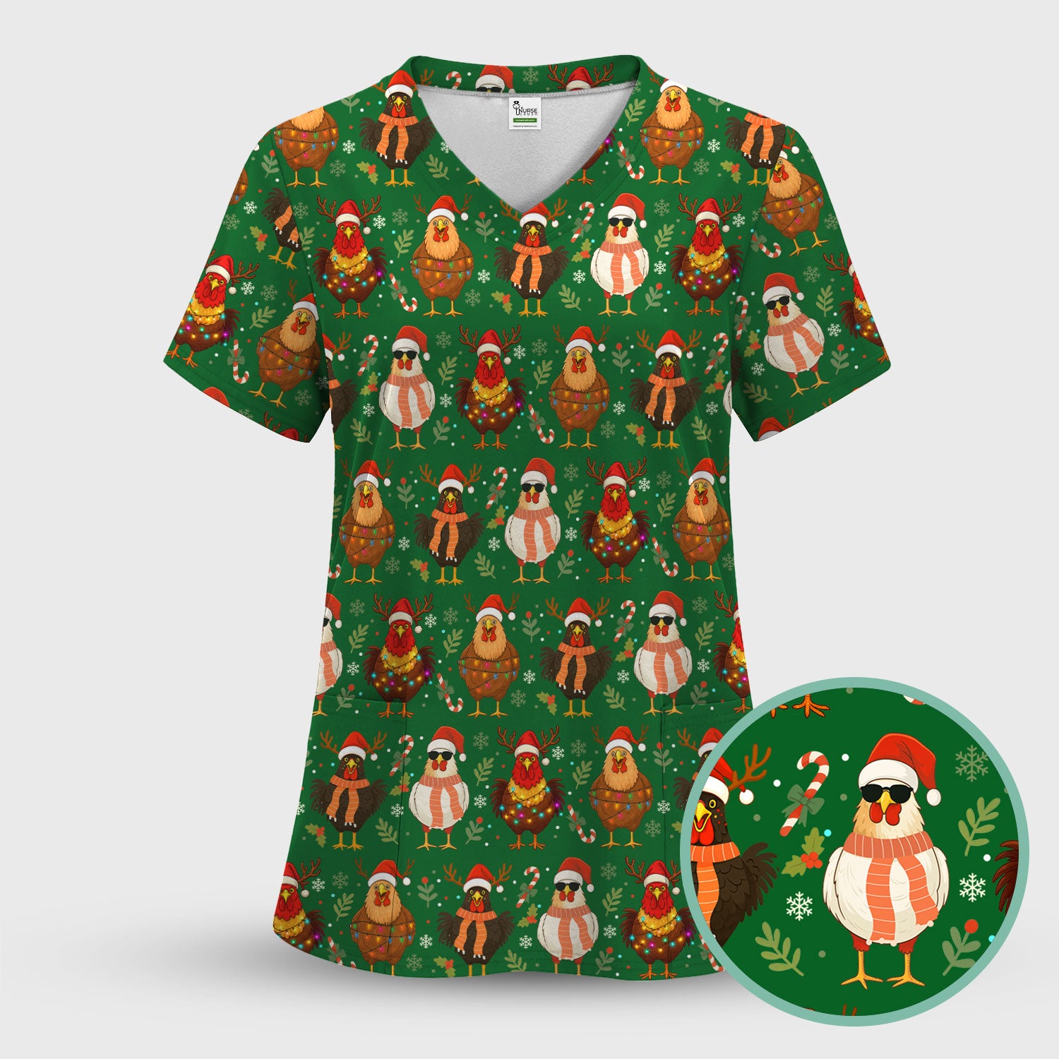 Chicken Scrubs Christmas Edition - Cute Funny Hen Pattern Medical Scrub Top for Women - Holiday Christmas Scrubs with Festive Print