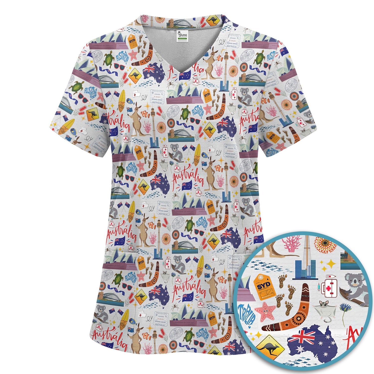 Australia Scrub Sets for Women - Aussie Comfortable Scrub Pants and V Neck Top - Kangaroo Koala Opera House - Travel Medical Uniform Gift