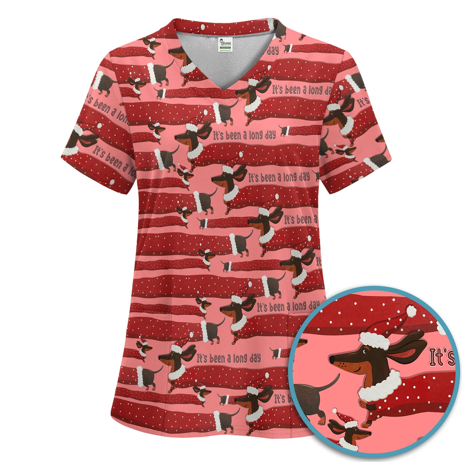 Funny Dachshund Christmas Scrub Set - It's Been a Long Day - Cute Wiener Dog Scrubs Pants and V Neck Top - Medical Uniform for Women