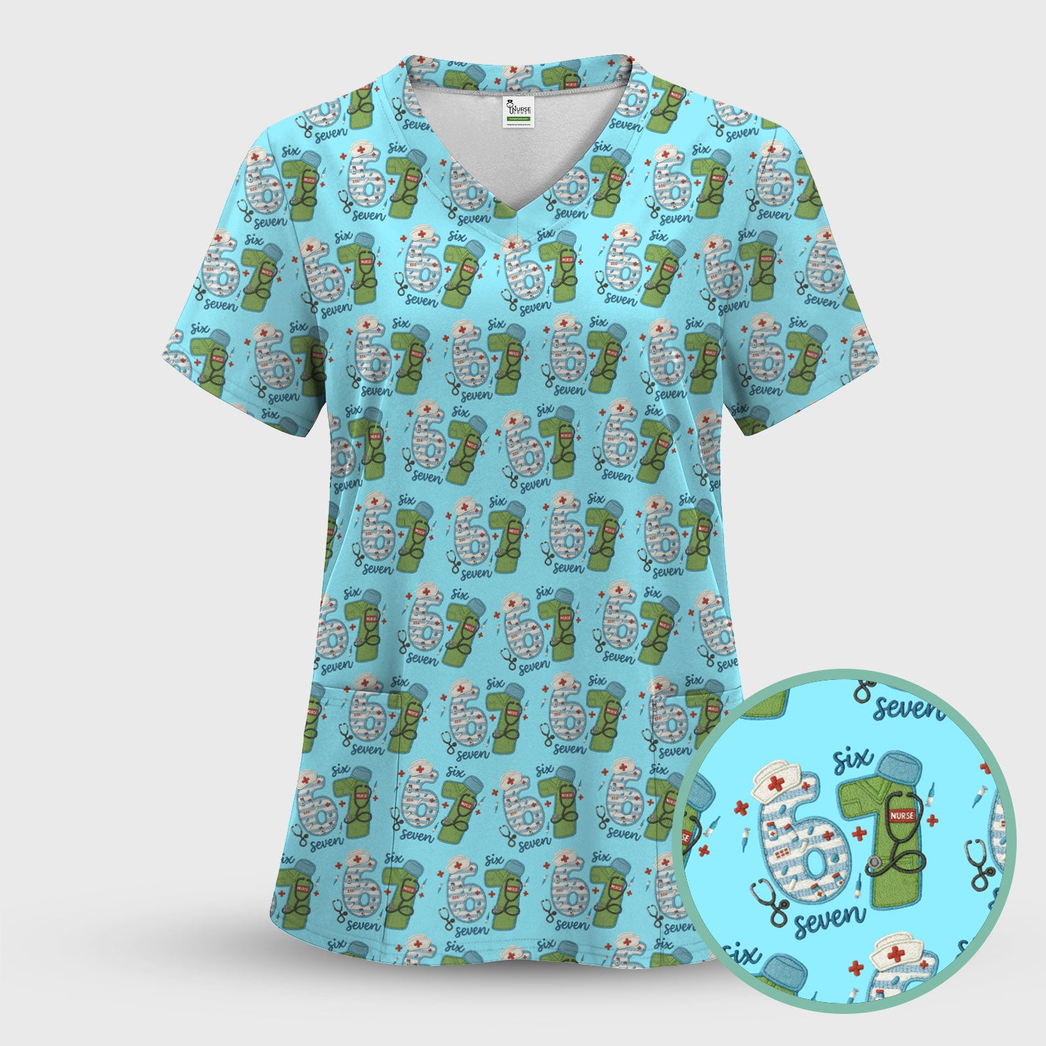 Nurse Six Seven Pattern Scrub Top, Cute Medical Number Print Shirt for Nursing Professionals