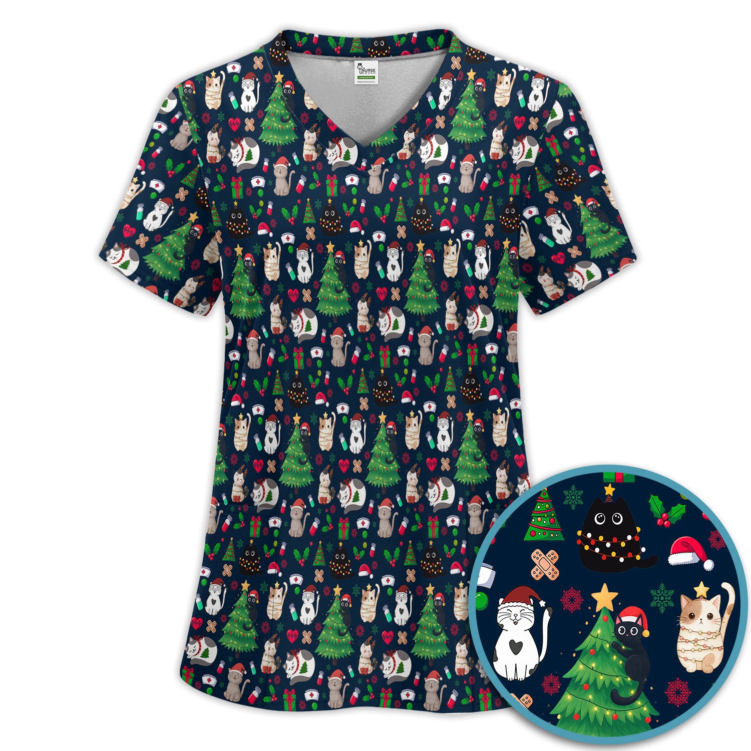 Christmas Cat Scrub Set, Xmas Pet Pattern Scrub Shirt, Breathable Fabrics Nursing Uniform