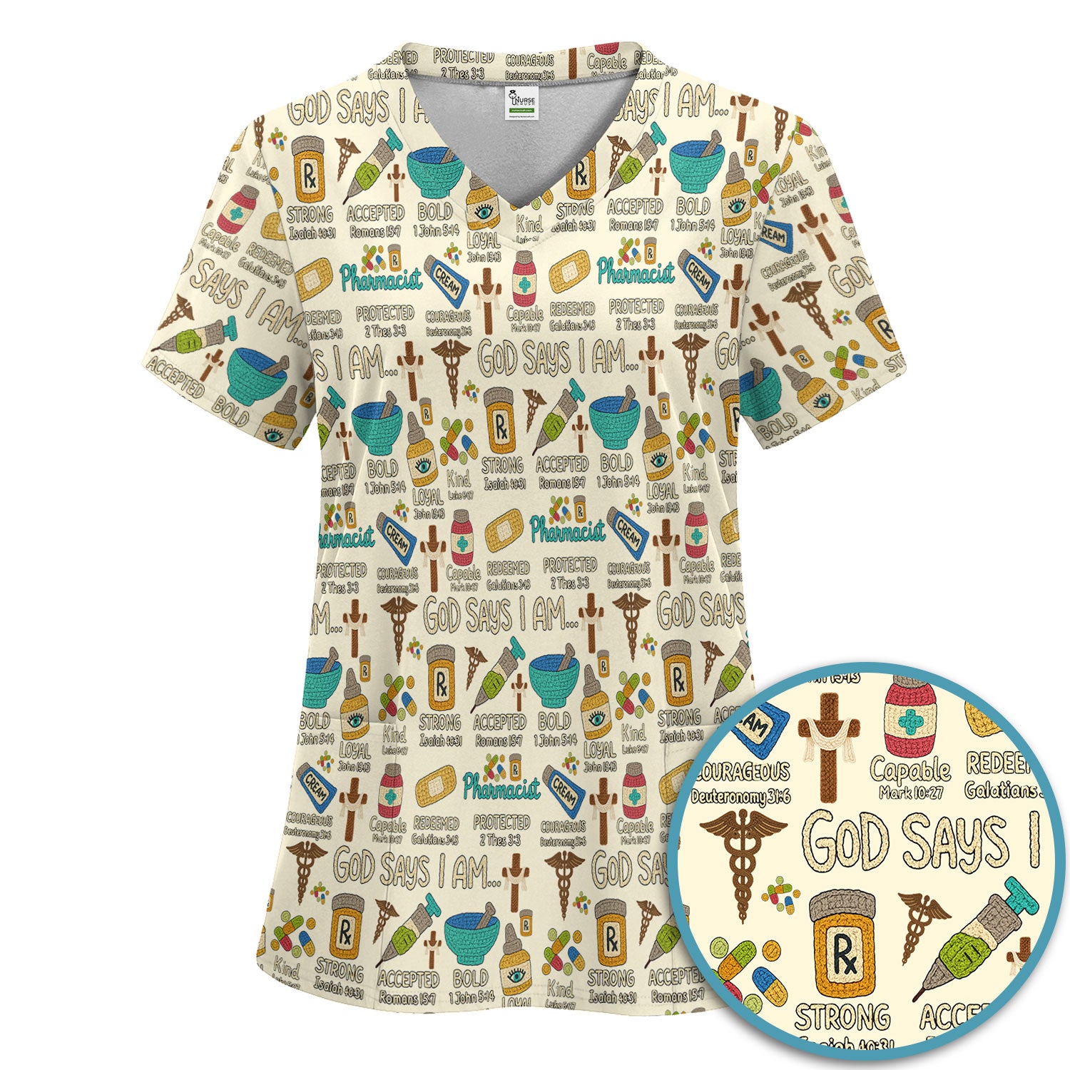 God Says I Am Pharmacist Scrub Set - Christian Pharmacy Scrubs Pants and V Neck Top for Women - Bible Verse Nurse Shirt