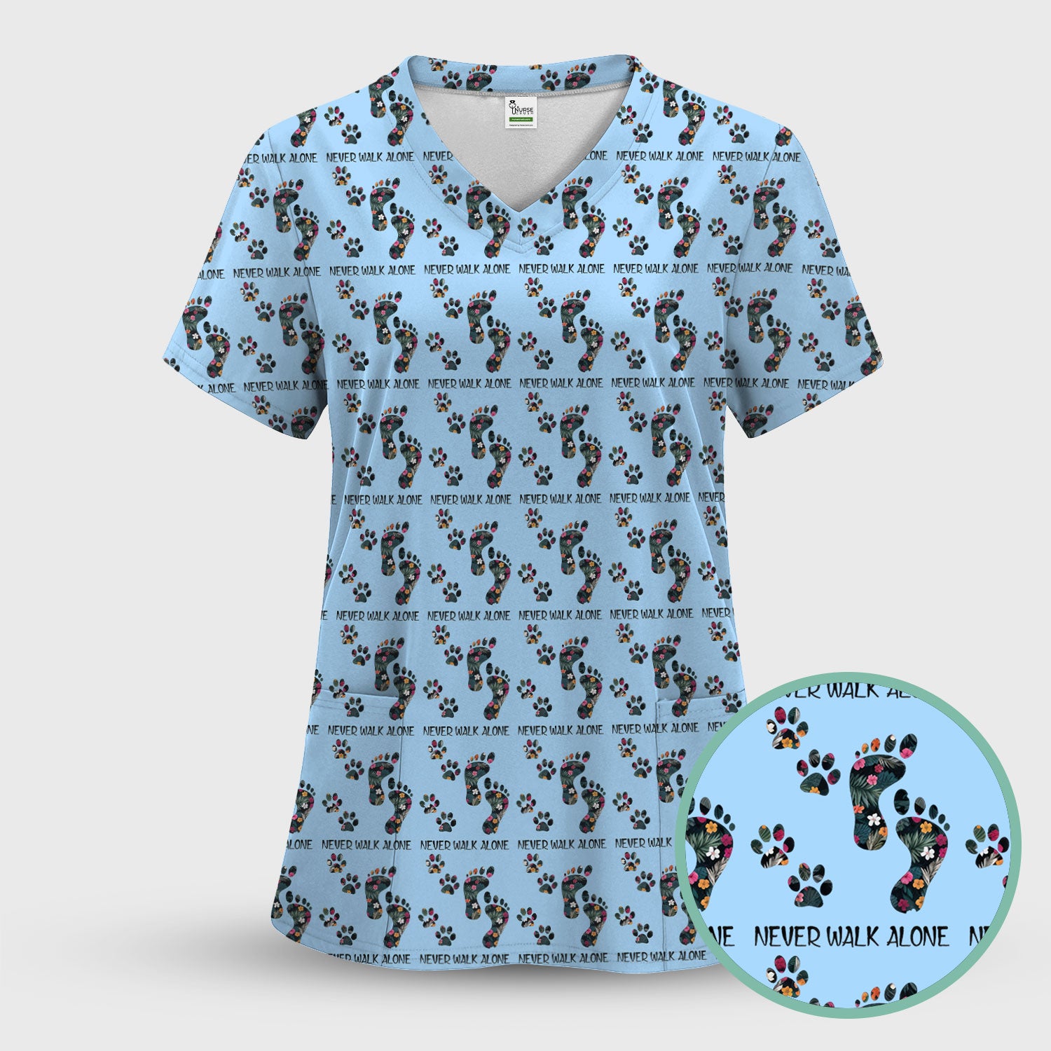 Never Walk Alone Scrub Top, Floral Paw Print Medical Scrub Shirt for Nurses, Vet Techs And Healthcare Workers