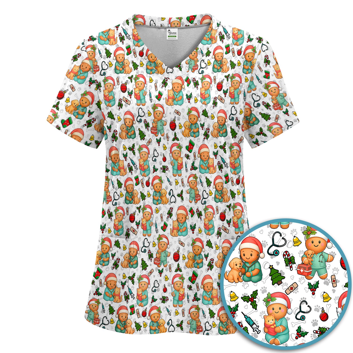 Cute Pharmacy Christmas Scrub Set – Funny Gingerbread Nurse Print Shirt – Festive Holiday Medical Uniform for Pharmacy Tech and Doctor