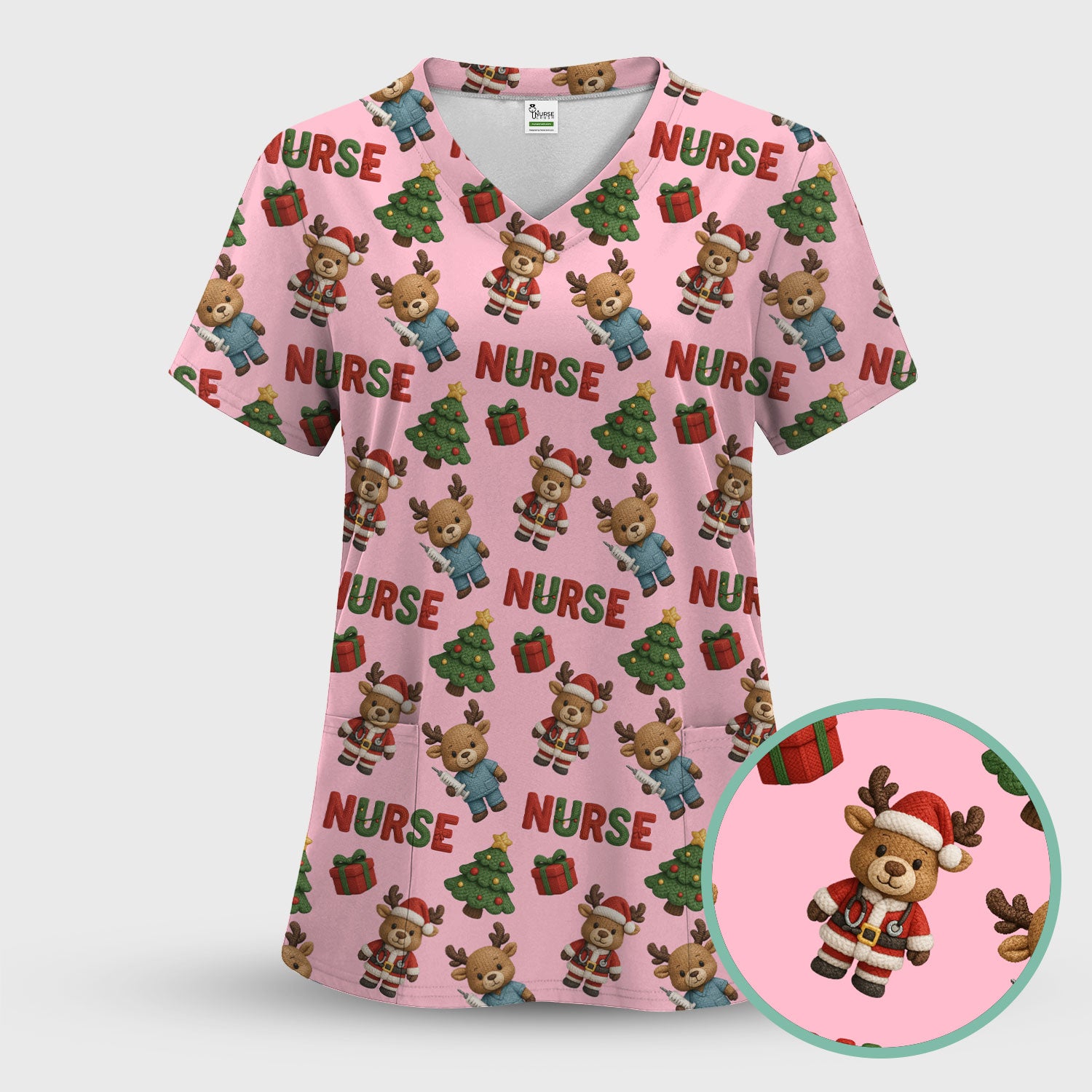 Reindeer Christmas Scrub Top, Cute Holiday Nurse Scrub Shirt, Festive Pattern Nursing Uniform