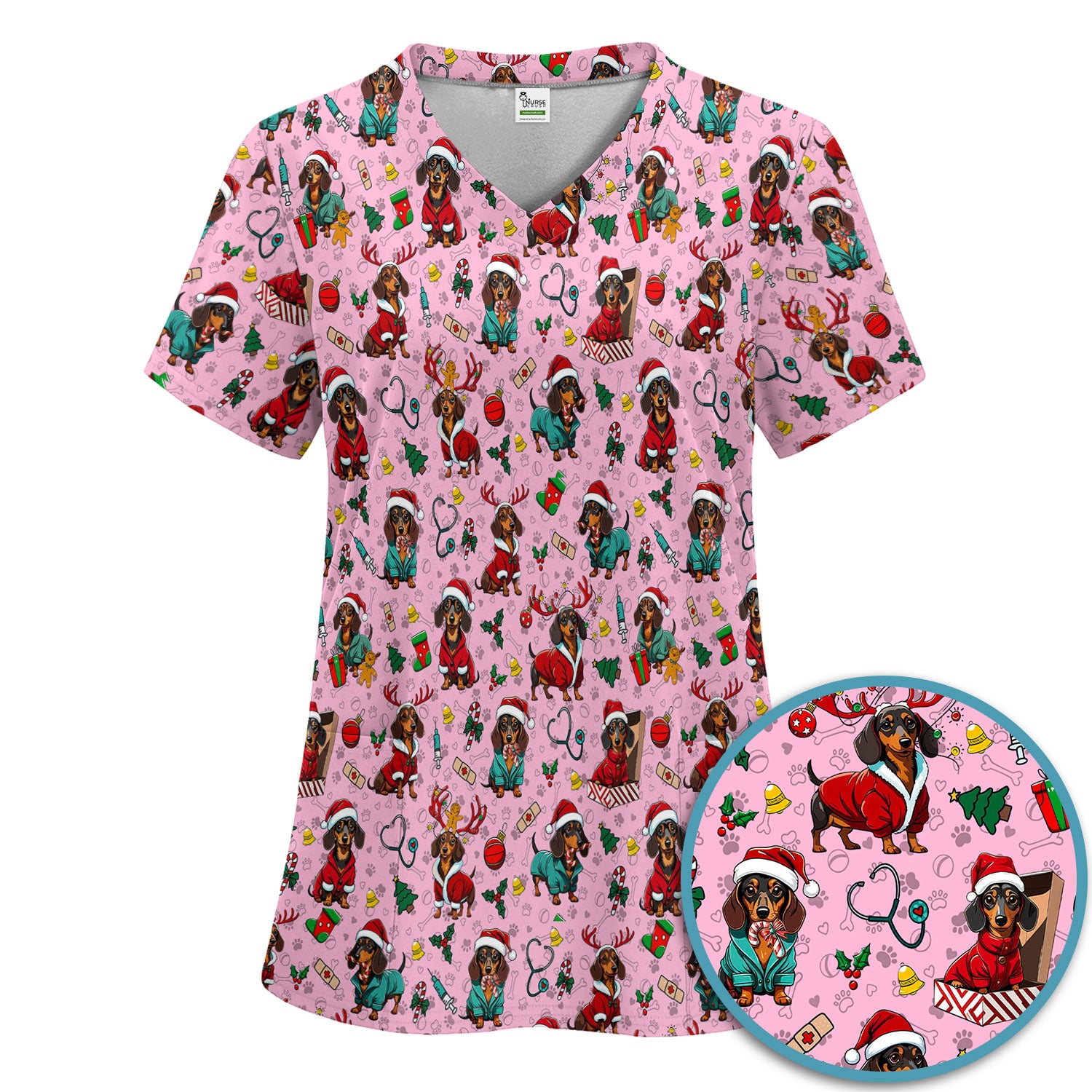 Christmas Dachshund Scrub Set for Nurses - Cute Sausage Dog Holiday - Funny Reindeer & Santa Scrubs Pants and V Neck Top