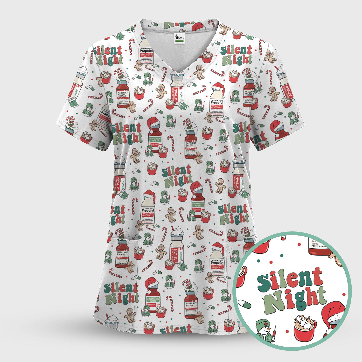 Funny Medicine Scrub Top for Nurses - Silent Night Propofol Print Christmas Scrub Tops with Candy Cane & Gingerbread - Holiday Medical Shirt Gift for RN CNA LPN