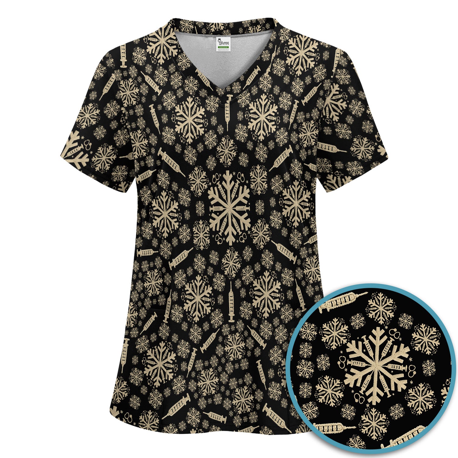 Snowflake Syringe Scrubs Pants and V Neck Top for Women - Winter Snow Medical Set - Funny Christmas Gift for Nurse