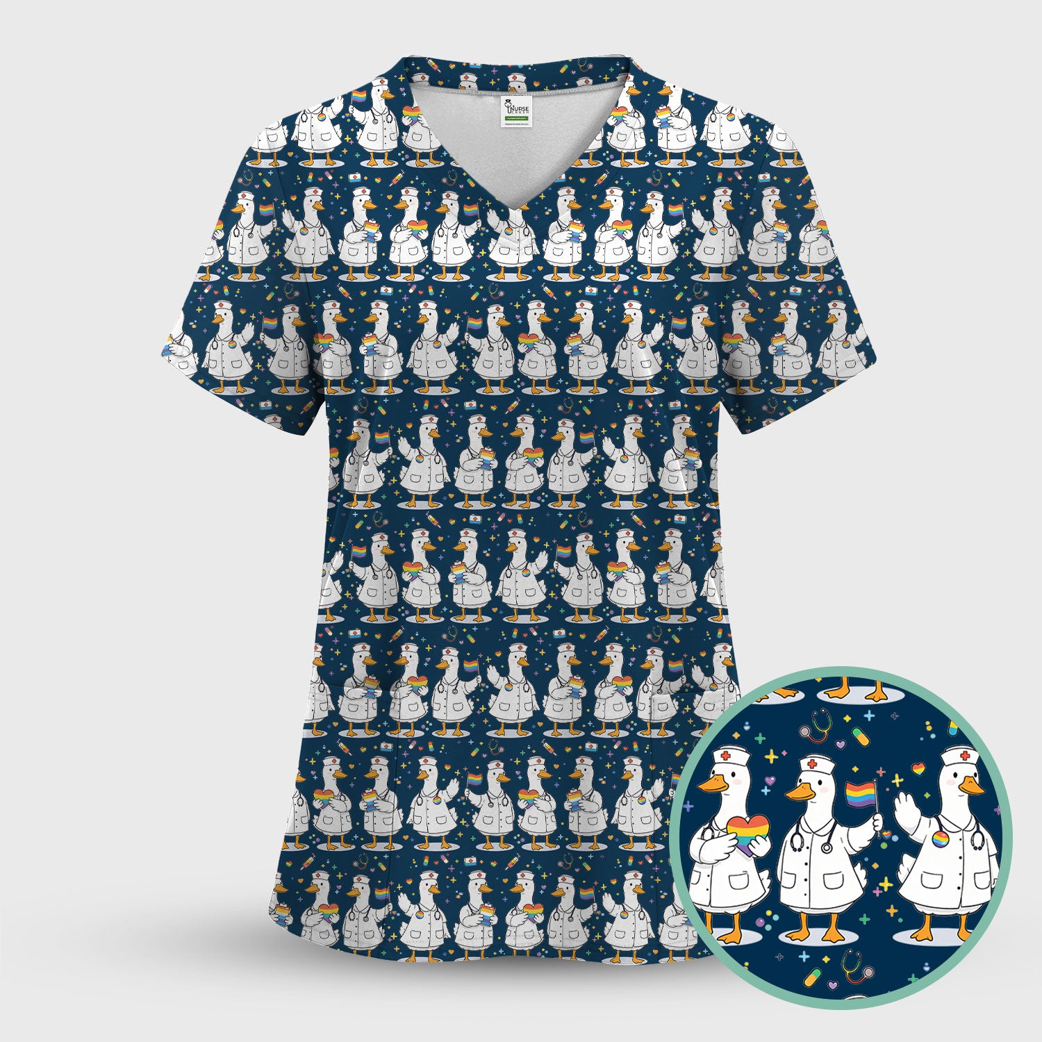 Cute Nurse Duck Pride Theme Scrub Top for Women, Breathable Nursing Uniform