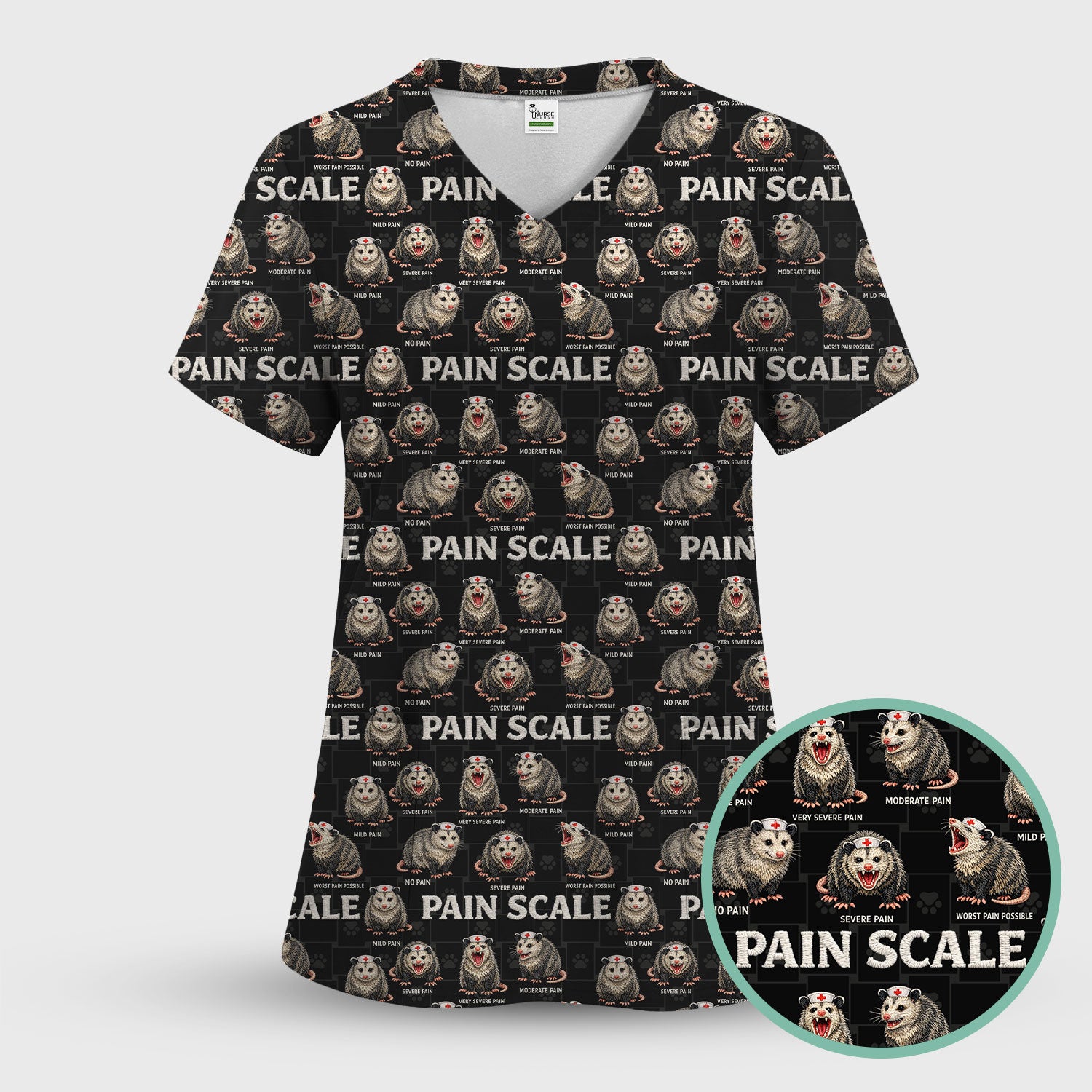 Edgy Possum Pain Scale Nurse Pattern Scrub Top, Comfortable Scrubs For Nurses
