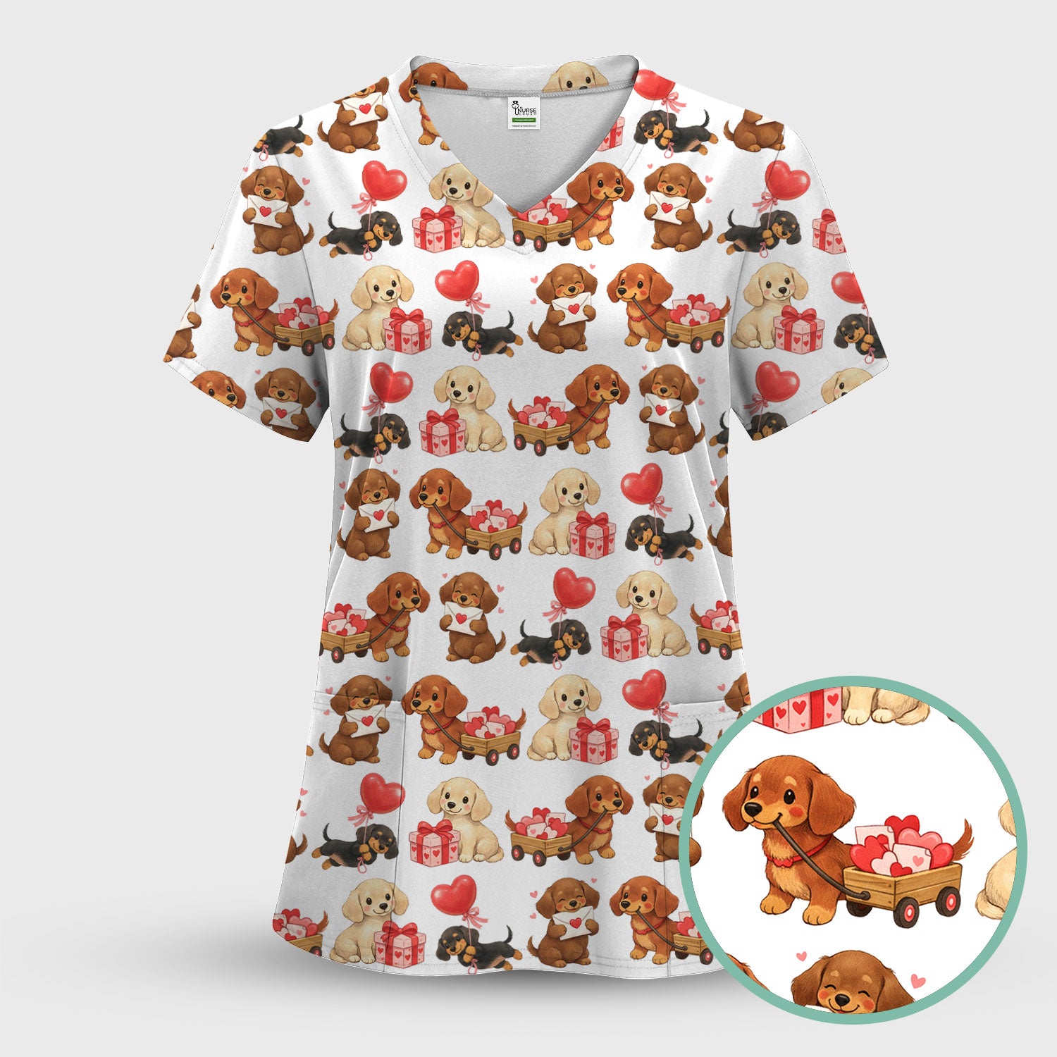 Cute Dachshund Nurse Scrub Top For Nurses, Wiener Dog Pattern Nurse Shirt, Breathable Fabrics Nursing Uniform