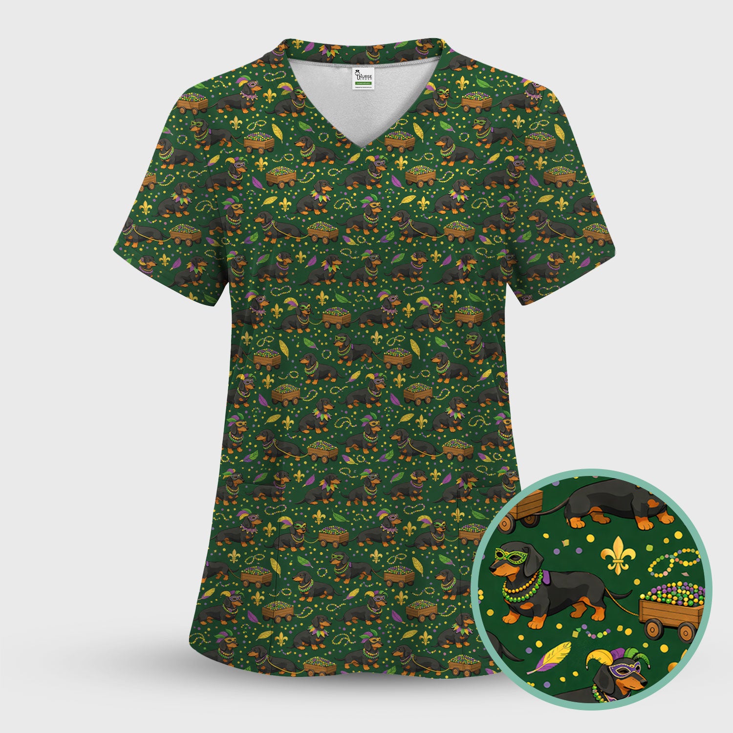 Funny Mardi Gras Dachshund Scrub Set, Festival Wiener Dog Pattern Nurse Shirt, Breathable Fabrics Nursing Uniform