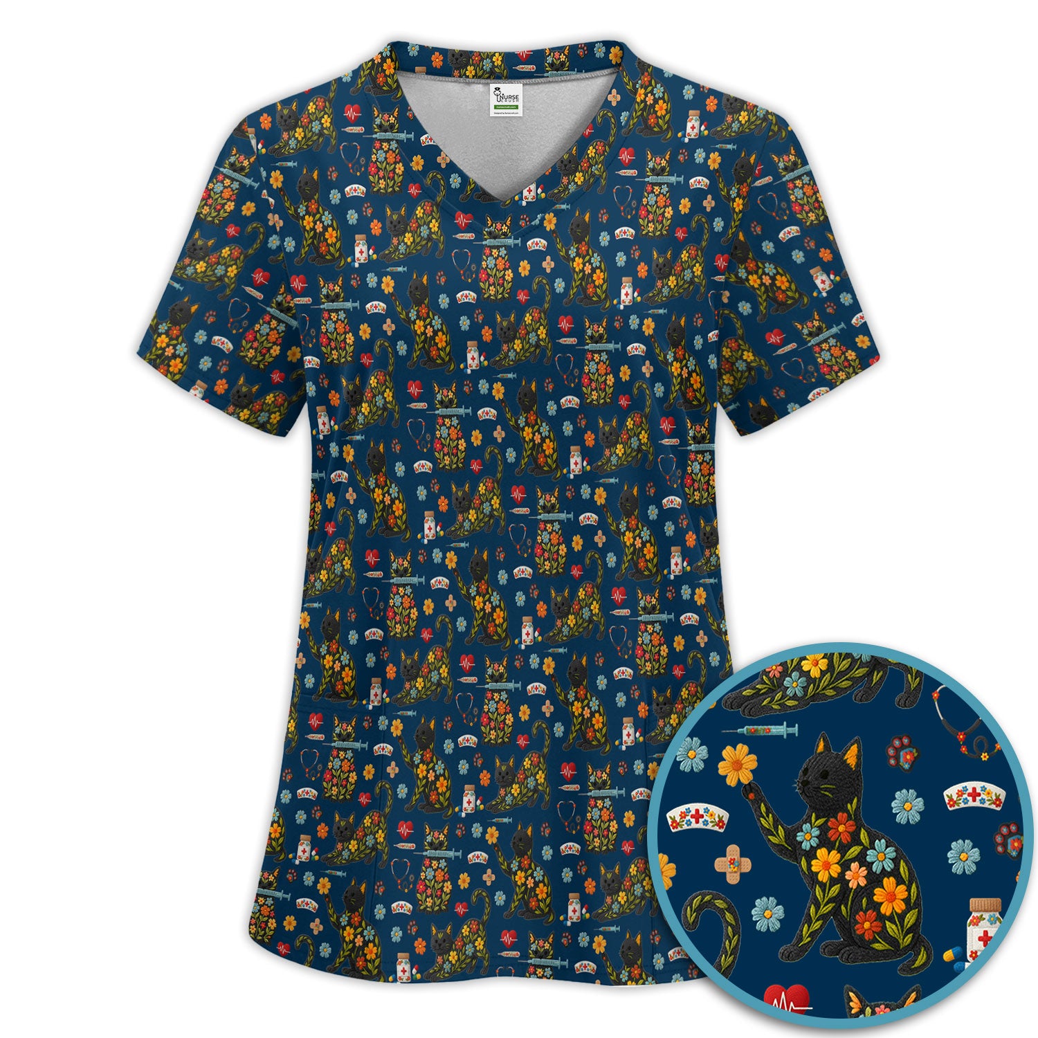 Floral Black Cat Pattern Scrub Set, Cute Cat Nurse Scrub Shirt, Medical Nursing Uniform