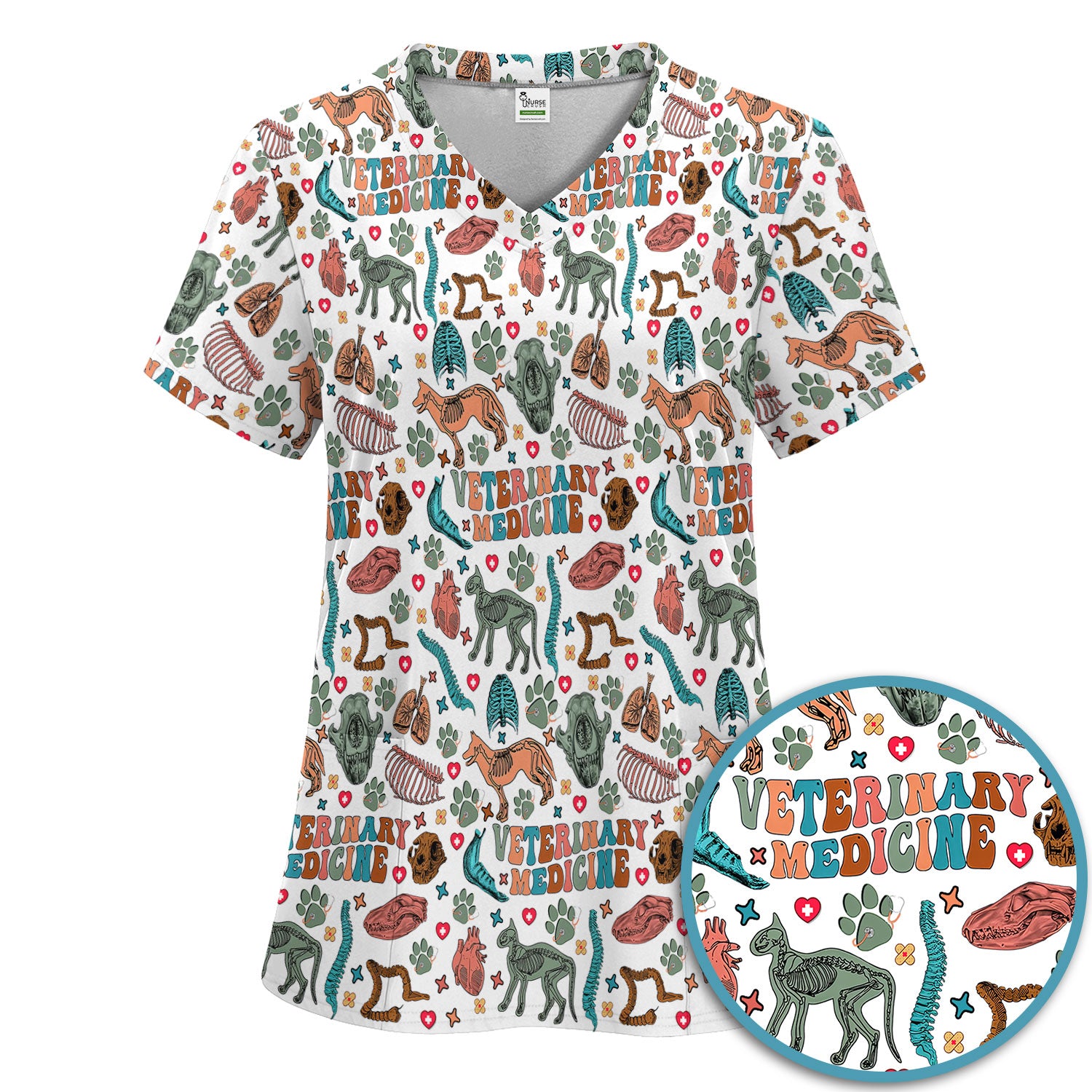 Veterinary Medicine Scrub Set - Cute Animal Anatomy Scrubs Pants and V Neck Top - Fun Vet Tech Nurse Uniform for Women
