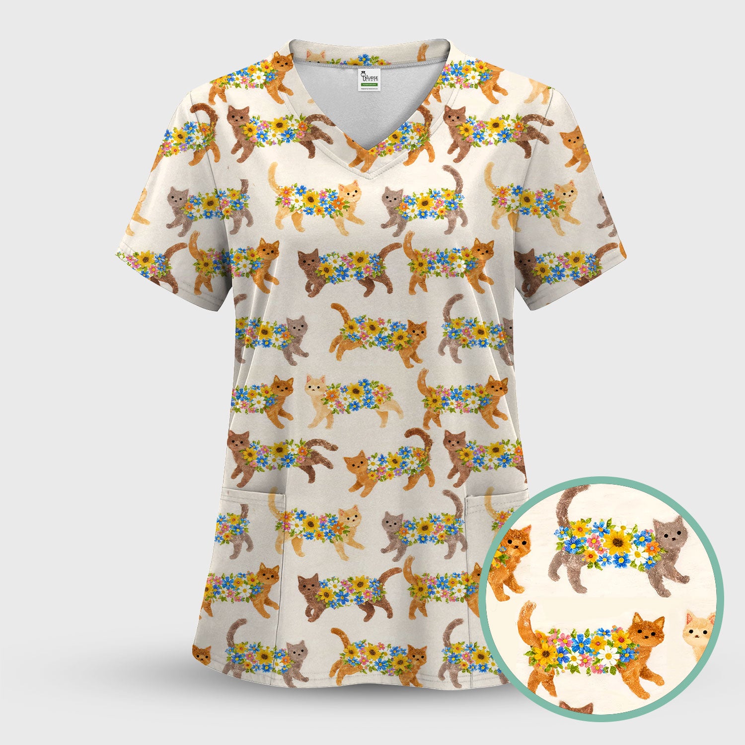 Cute Flower Filled Cat Pattern Scrub Top, Breathable Fabrics Nursing Uniform