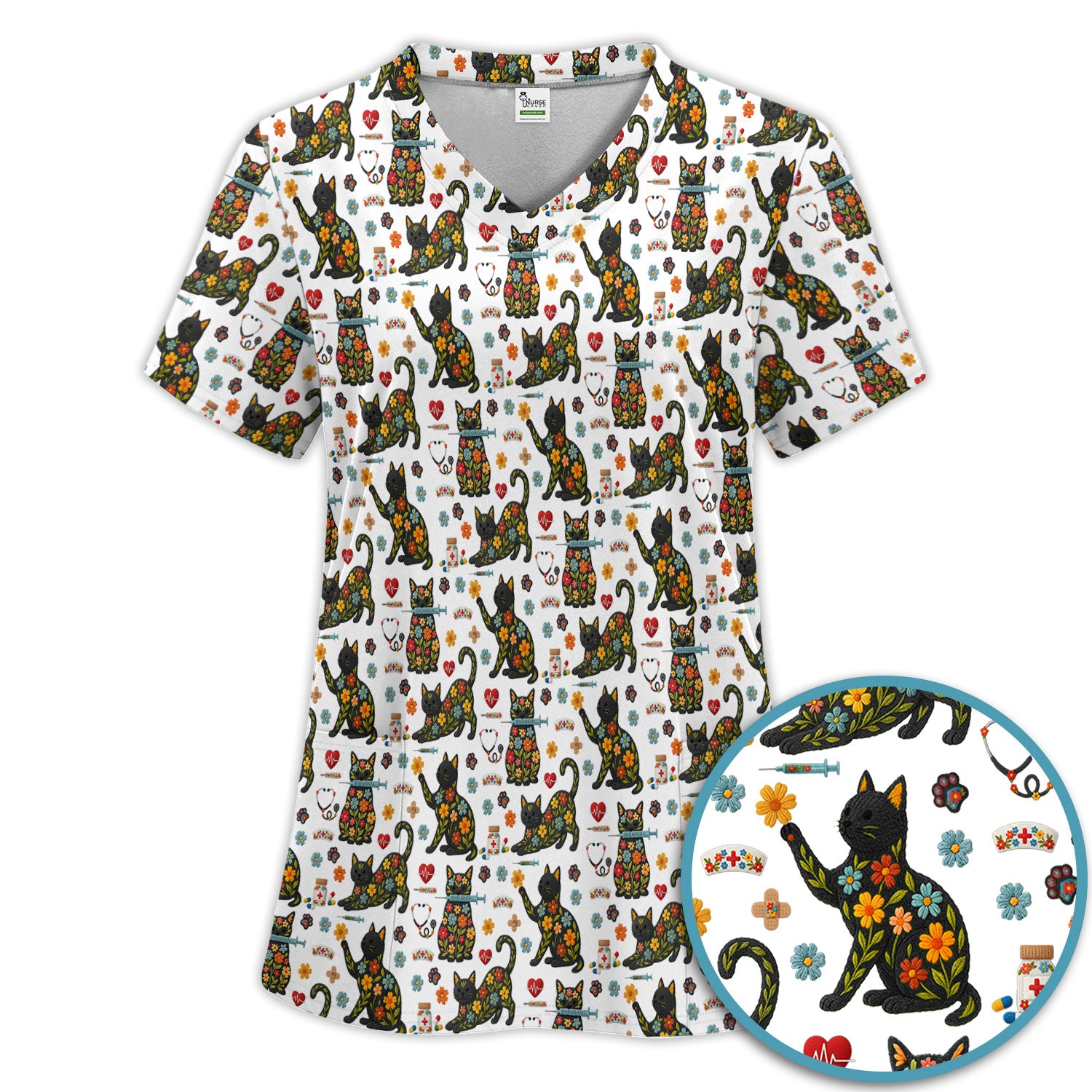 Floral Black Cat Pattern Scrub Set, Cute Cat Nurse Scrub Shirt, Medical Nursing Uniform