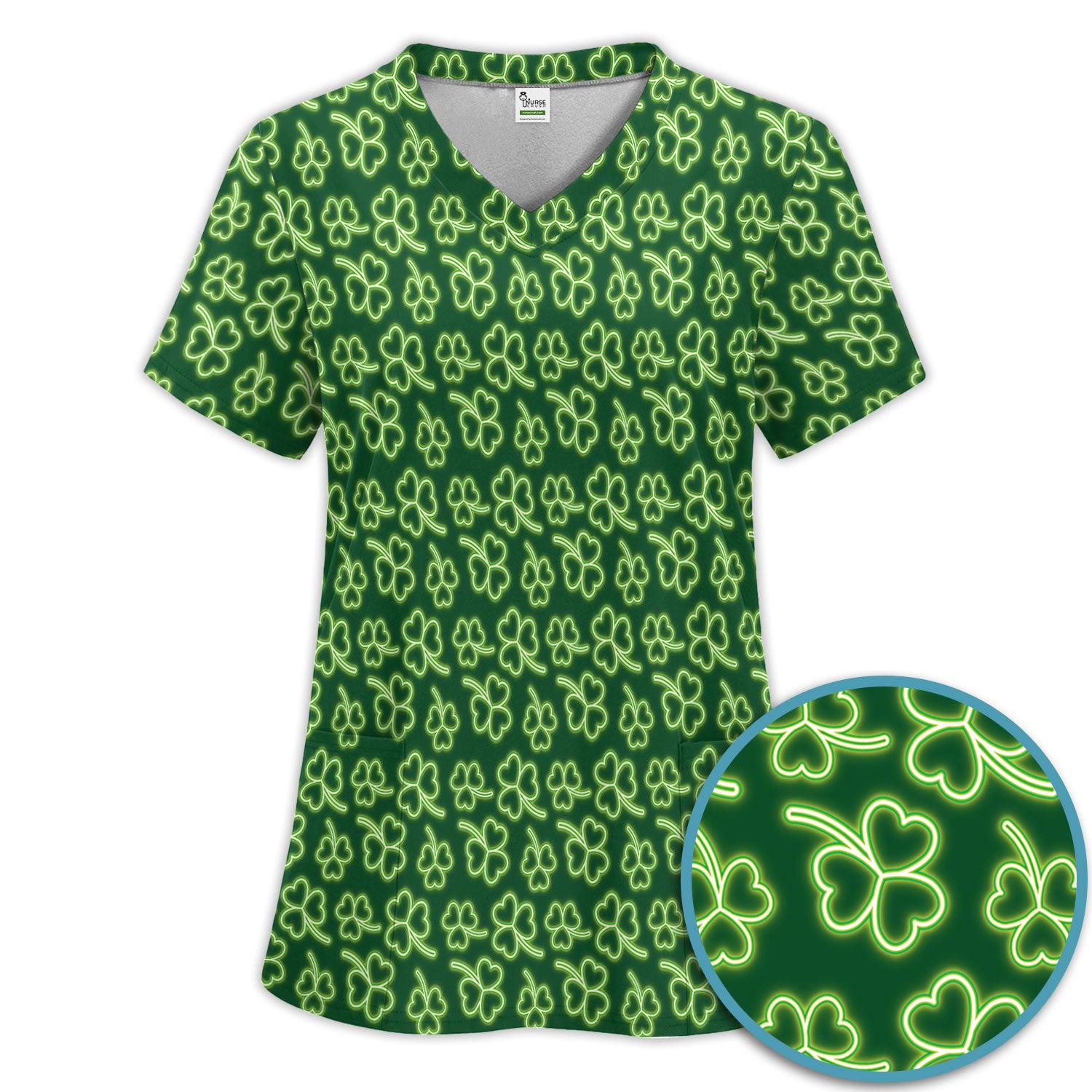 Neon Shamrock Nurse Scrub Set, St. Patrick’s Day Glow Green Pattern Pattern Shirt,  Breathable Fabrics Nursing Uniform