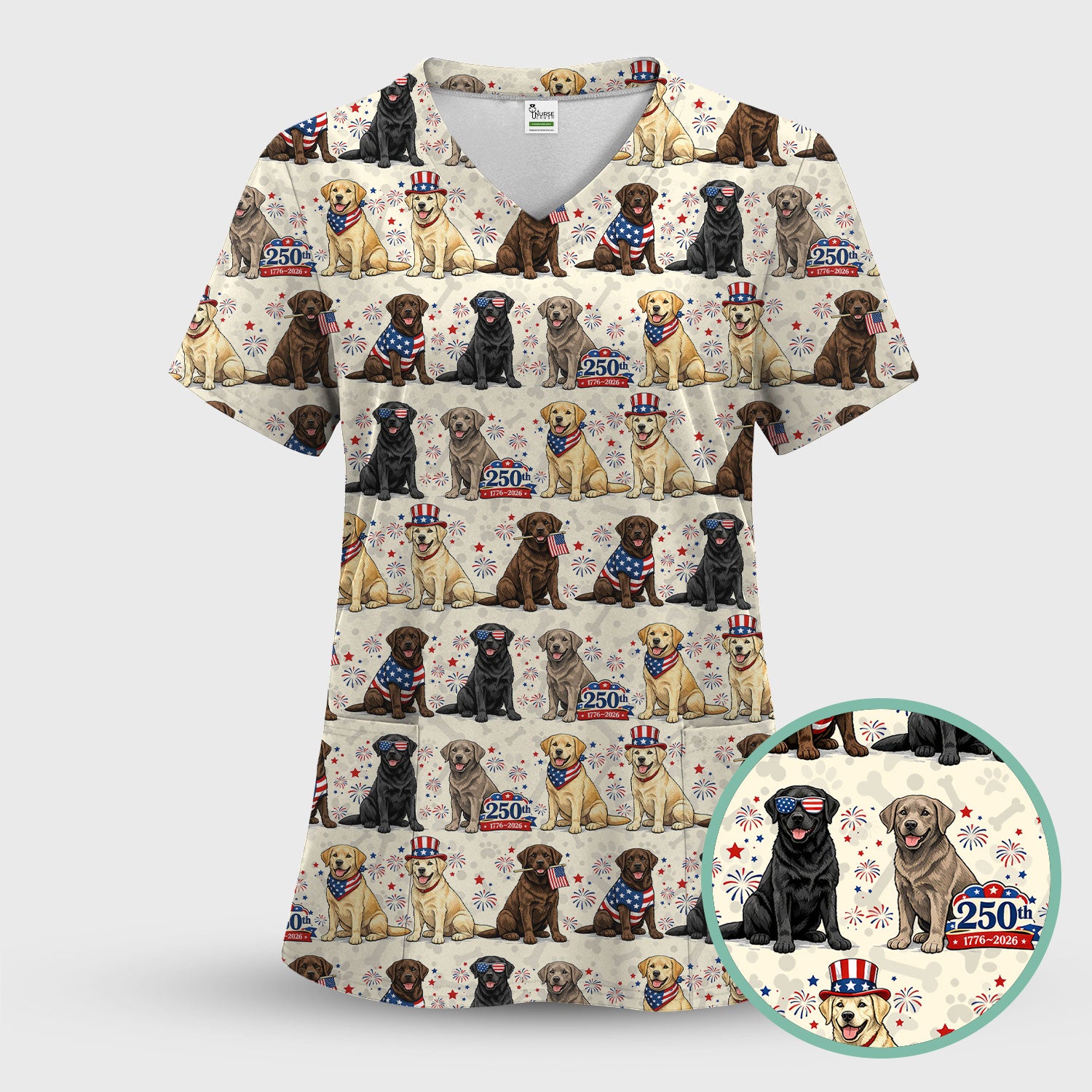 4th of July Labrador Dog Patriotic Print Scrub Set, Scrub Pants and V Neck Top