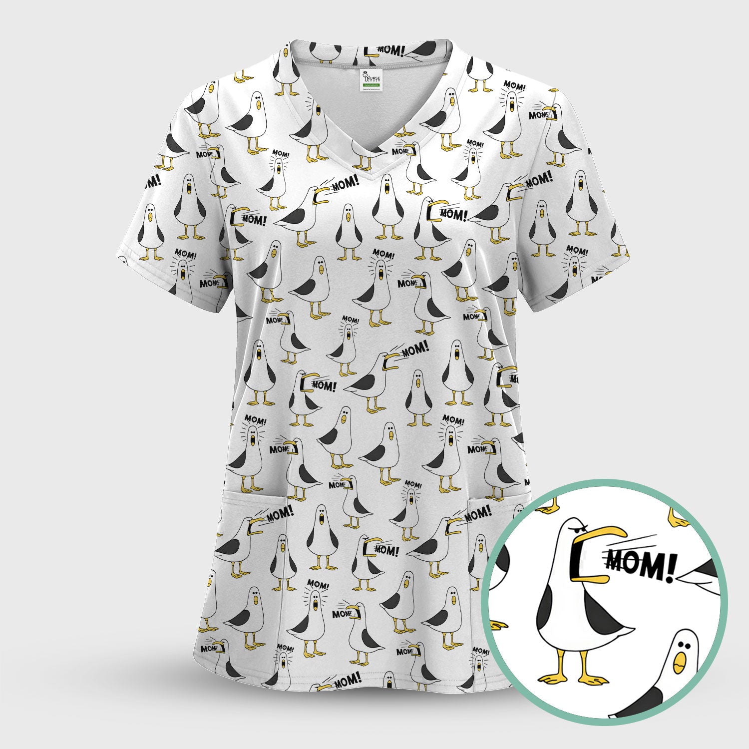 Funny Seagull Mom Seamless Pattern Scrub Set, Scrub Pants and V Neck Top