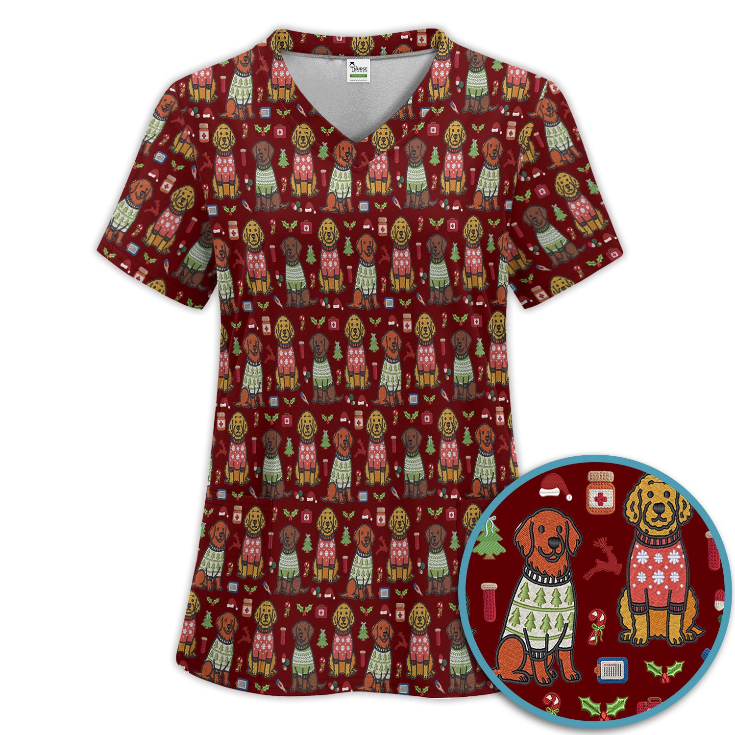 Golden Retriever Christmas Scrub Set, Cute Holiday Dog Nurse Pattern Shirt, Breathable Fabrics Nursing Uniform