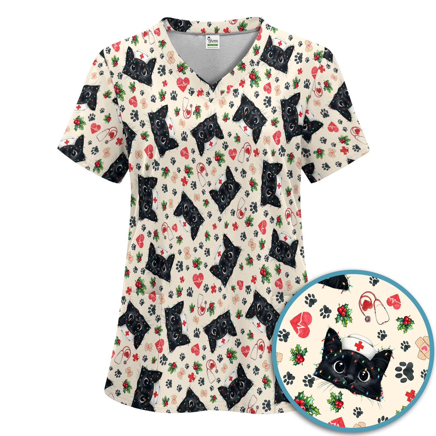 Funny Cats Scrub Set for Nurses - Black Kittens Christmas Scrubs Pants and V Neck Top - Jolly Medical Uniform Gift for RN CNA LPN