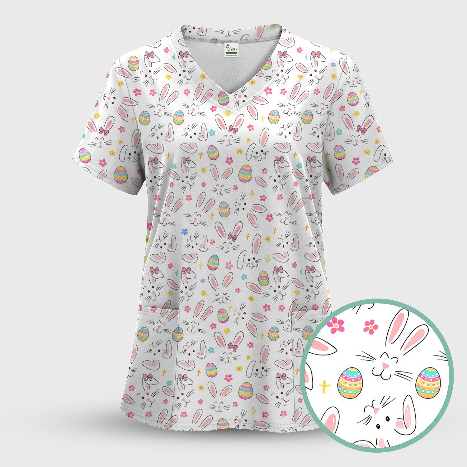 Easter Bunny Faces And Pastel Egg Print Scrub Top, Comfortable Scrubs for Nurses