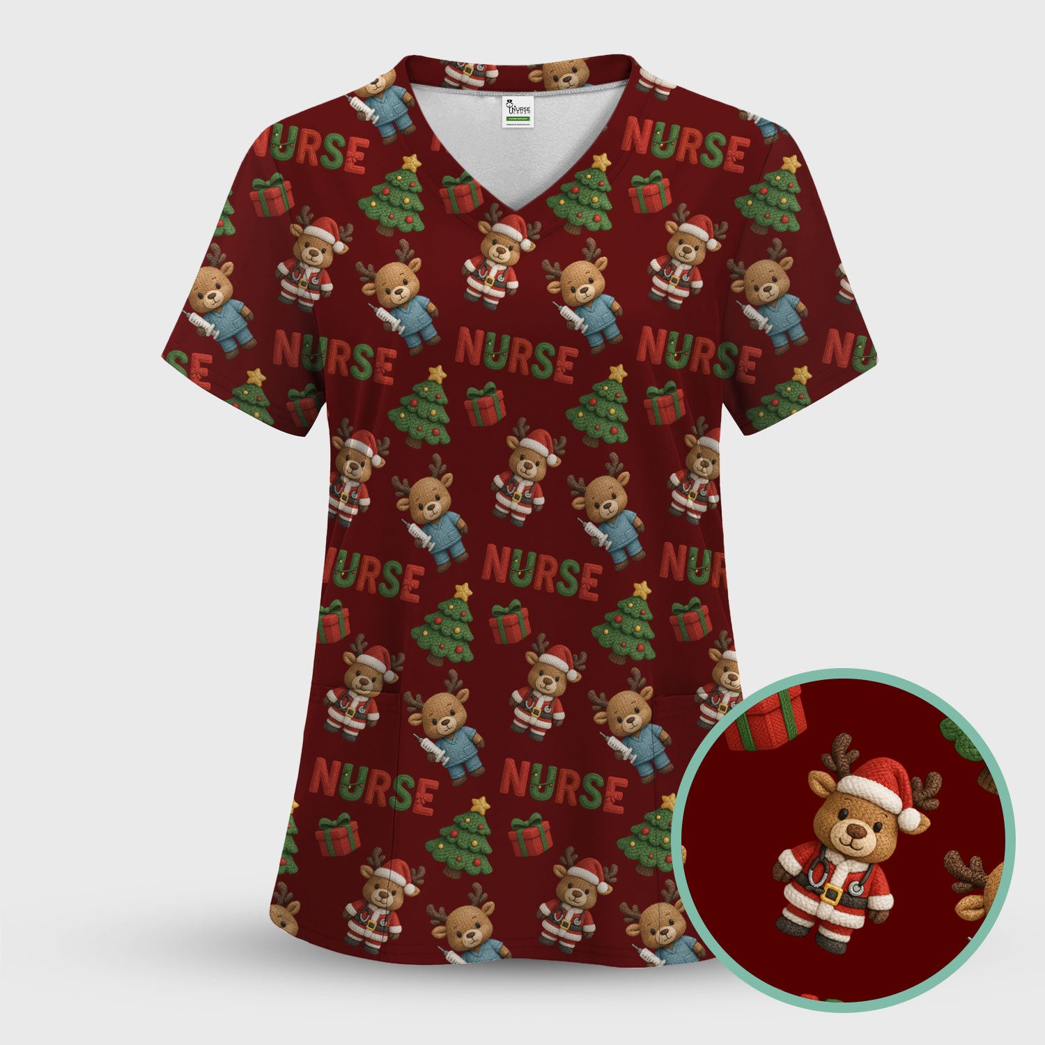 Reindeer Christmas Scrub Top, Cute Holiday Nurse Scrub Shirt, Festive Pattern Nursing Uniform