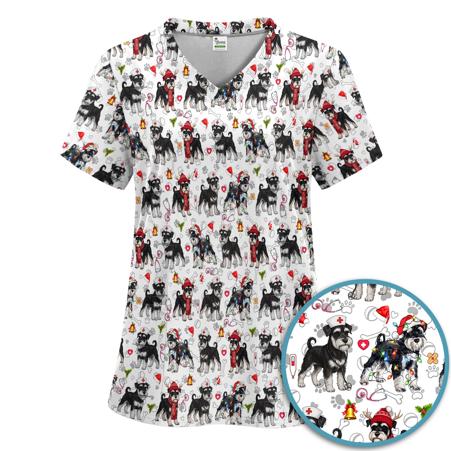 Christmas Schnauzer Scrub Set for Nurses - Cute Dog Holiday Scrubs Pants and V Neck Top - Funny Santa Nursing Medical Shirt for Women