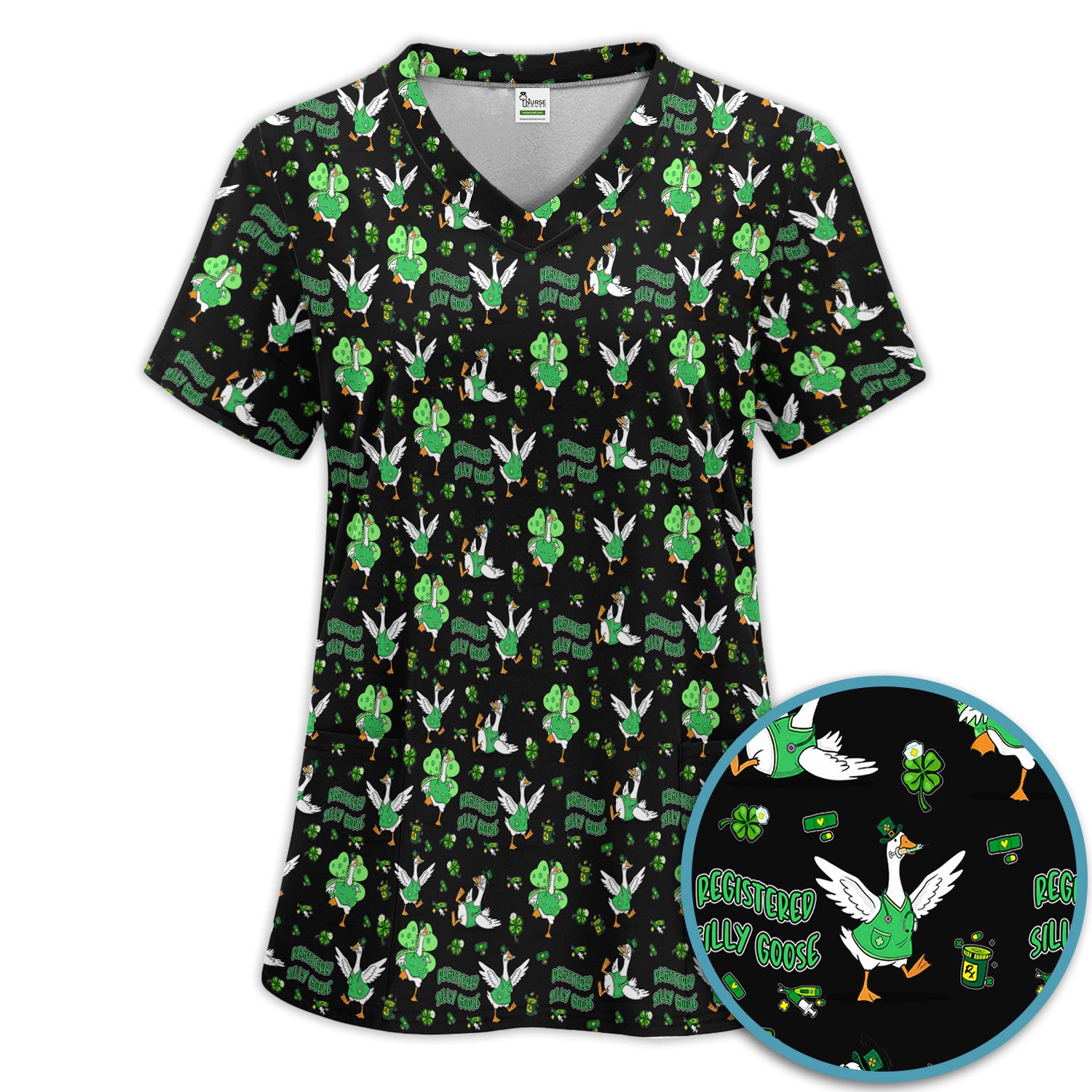 Silly Goose St. Patrick’s Day Scrub Set, Funny Goose Shamrock Pattern Nurse Scrub Shirt, Irish Green Nursing Uniform