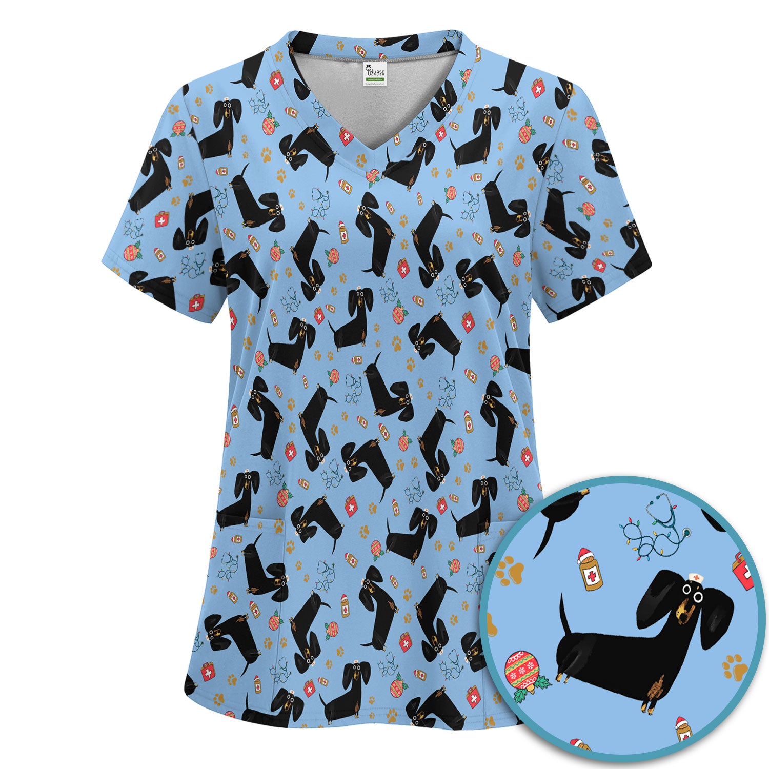 Funny Black Dachshund Scrub Set for Nurses - Cute Wiener Dog Scrubs Pants and V Neck Top - Puppy Lover Nursing Gift for Women