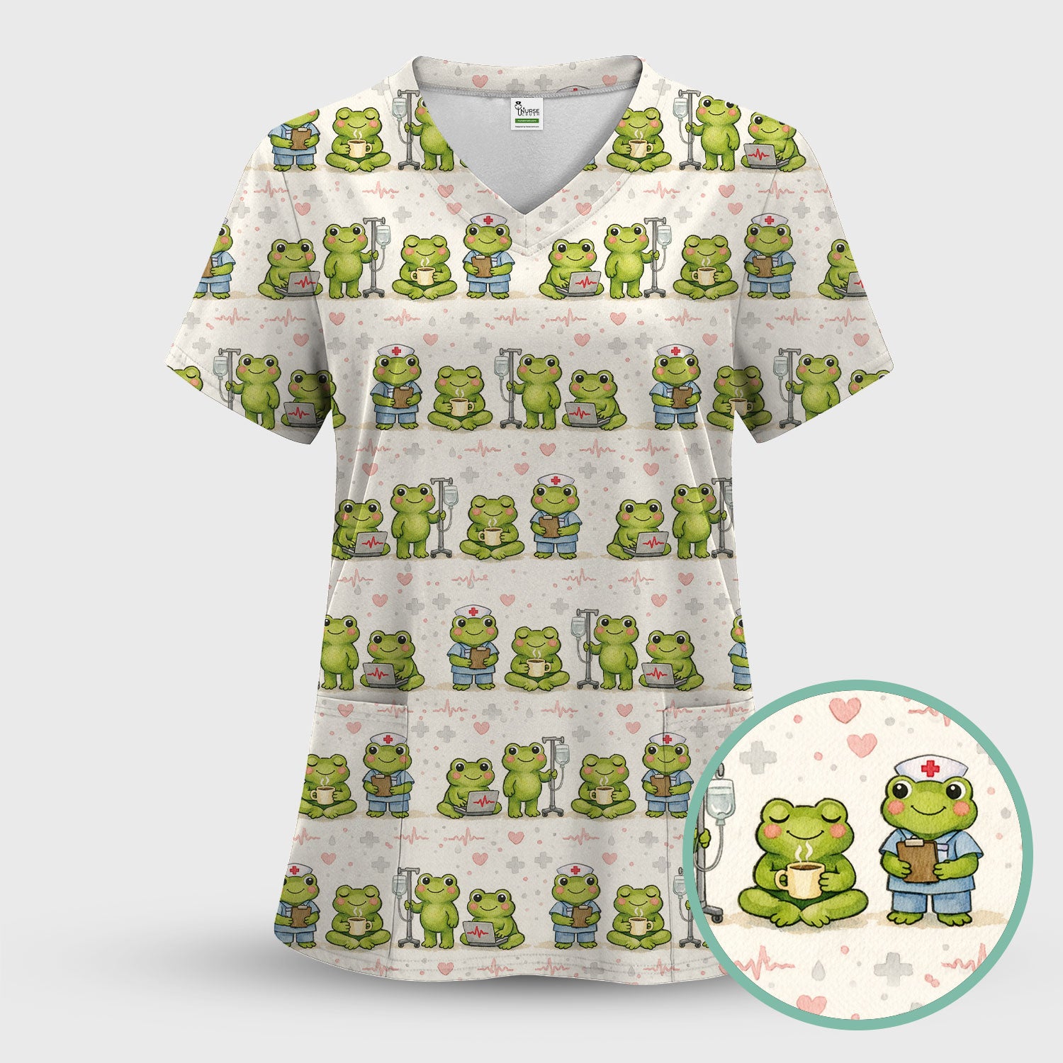 Adorable Frog Nurse Various Poses Print Scrub Top, Comfortable Scrubs for Nurses