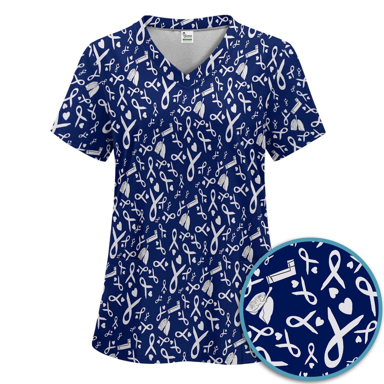 Lung Cancer Awareness Scrub Set for Women - Gray Ribbon Inhaler and Lungs Scrubs Pants and V Neck Top - COPD Asthma Med Uniform