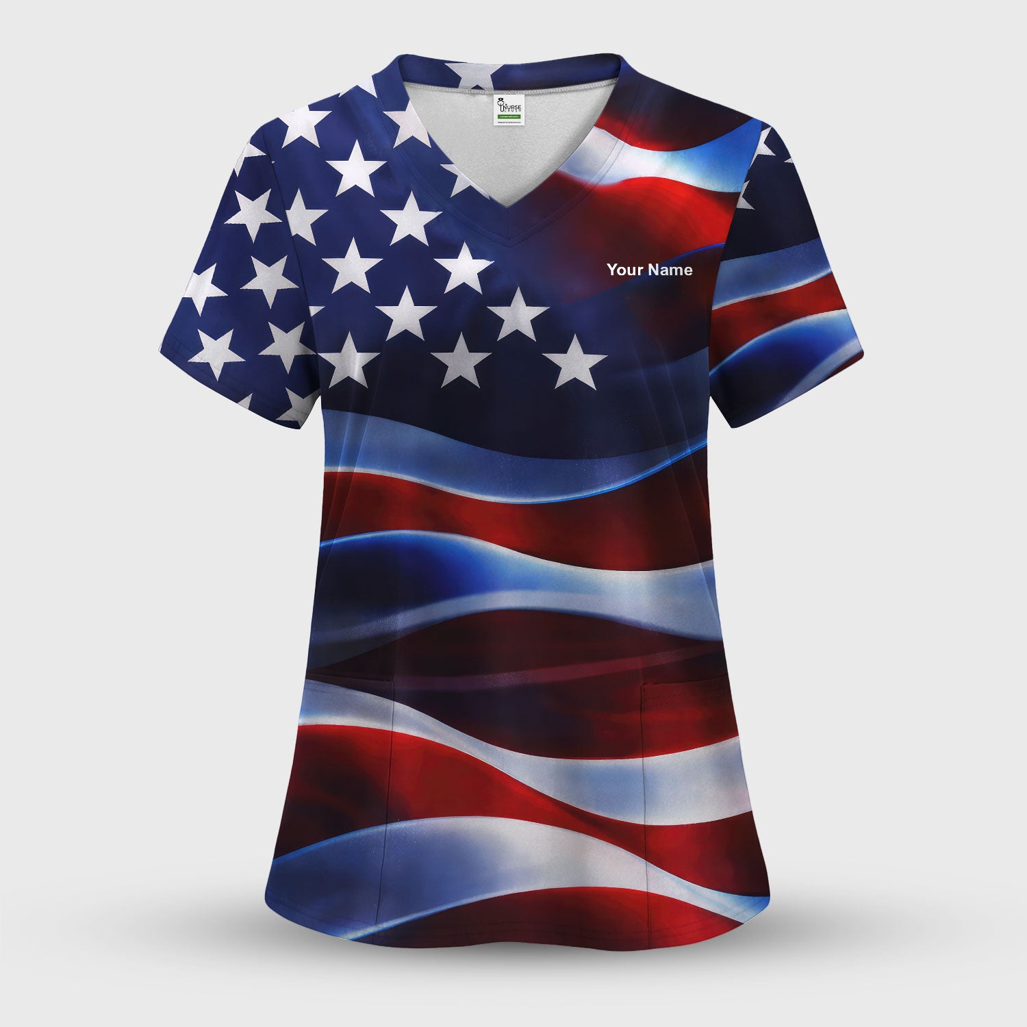 Personalized American Flag Stars Stripes Pattern Nurse Scrub Set, Scrub Pants and V Neck Top