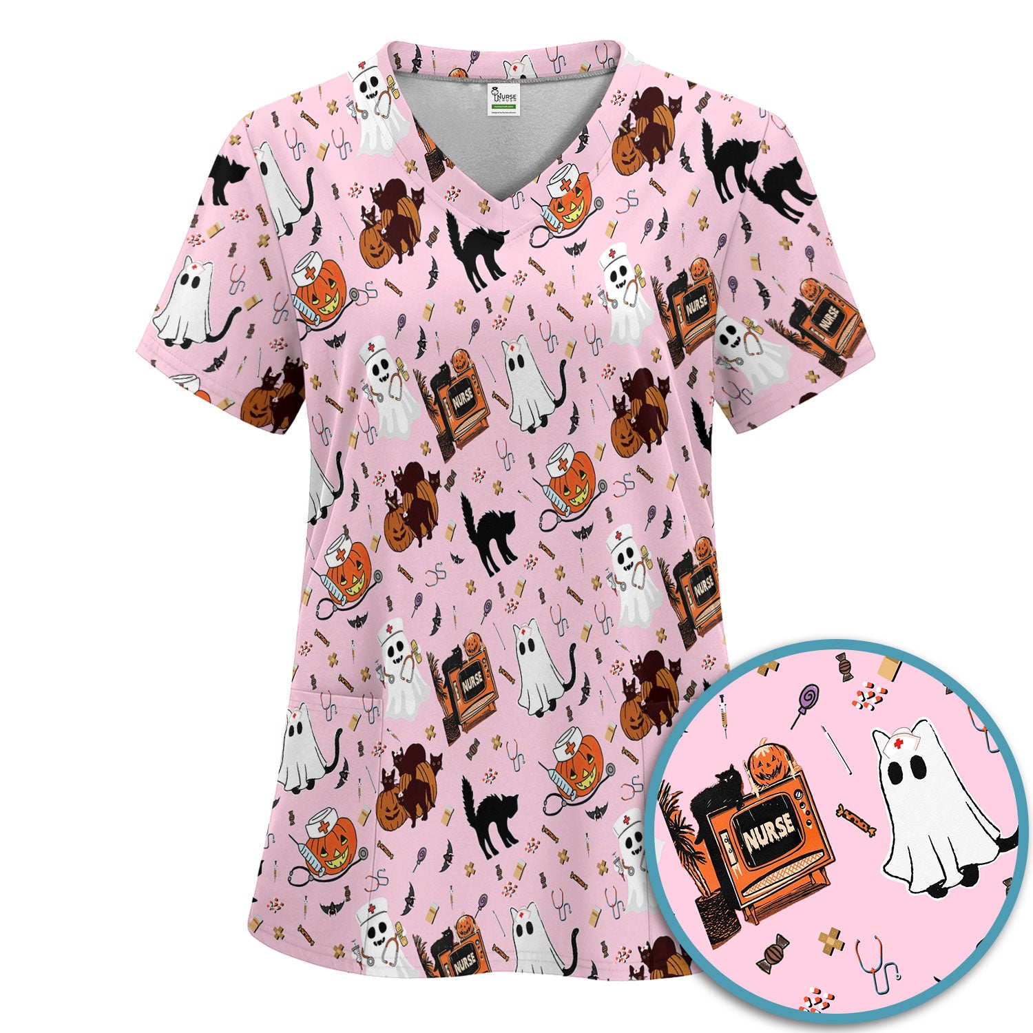 Halloween Scrub Set for Nurse - Cute Pumpkin Ghost Cat Medical Pants and V Neck Top - Spooky Uniform for Women RN CNA LPN