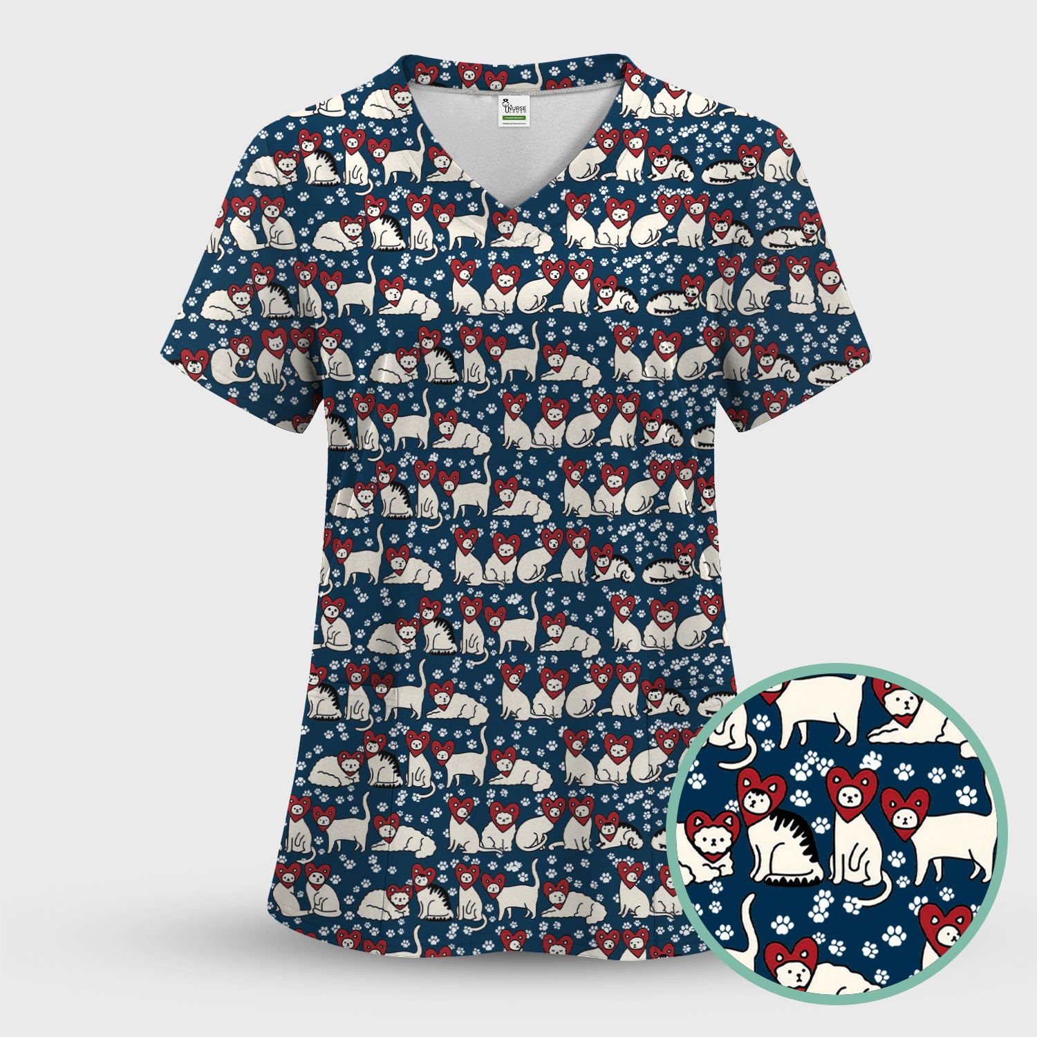 Cute Cat Heart Pattern Scrub Top, Funny Cat Scrub Shirt For Nurses, Breathable Fabrics Nursing Uniform