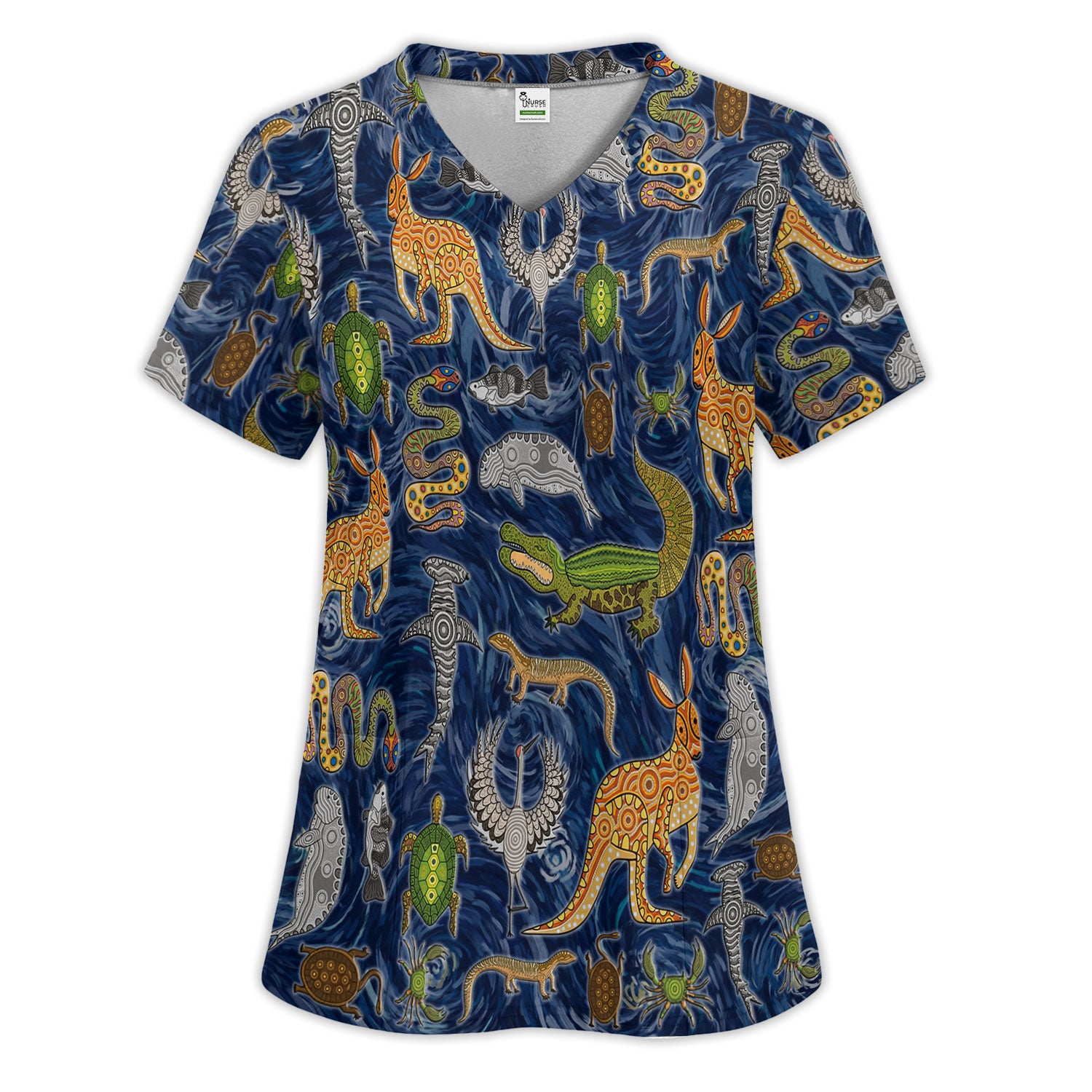 Crocodile Turtle Snake Animal Pattern Scrub Set, Women’s Scrub Sets V Neck Top