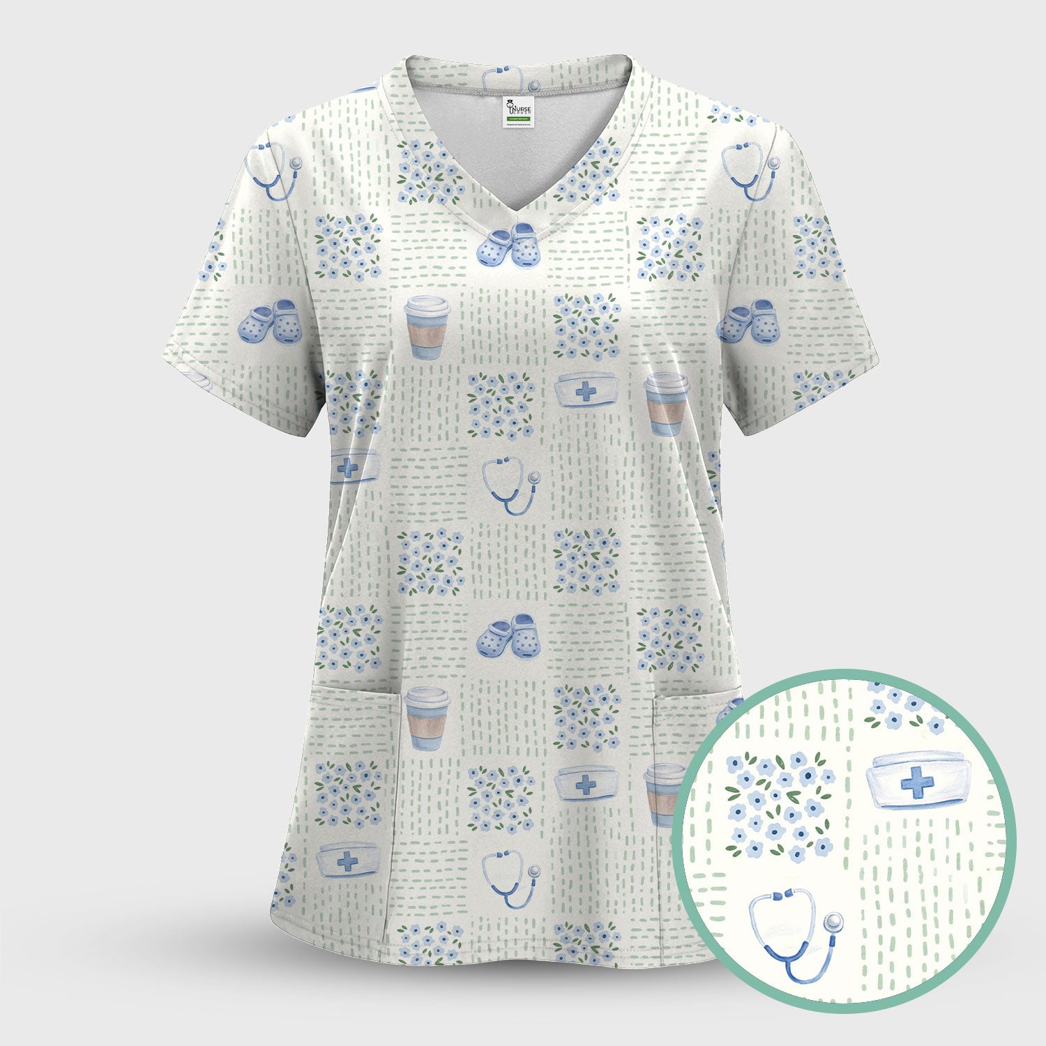 Cute Medical Essentials Pattern Scrub Set, Scrub Pants and V Neck Top
