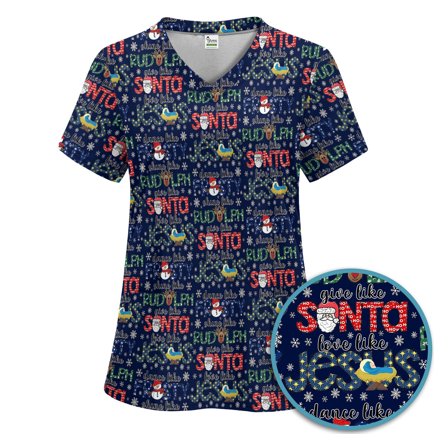 Xmas Rudolph Comfortable Scrub Set for Nurses - God Santa Scrub Pants and V Neck Top - Breathable Med Uniform