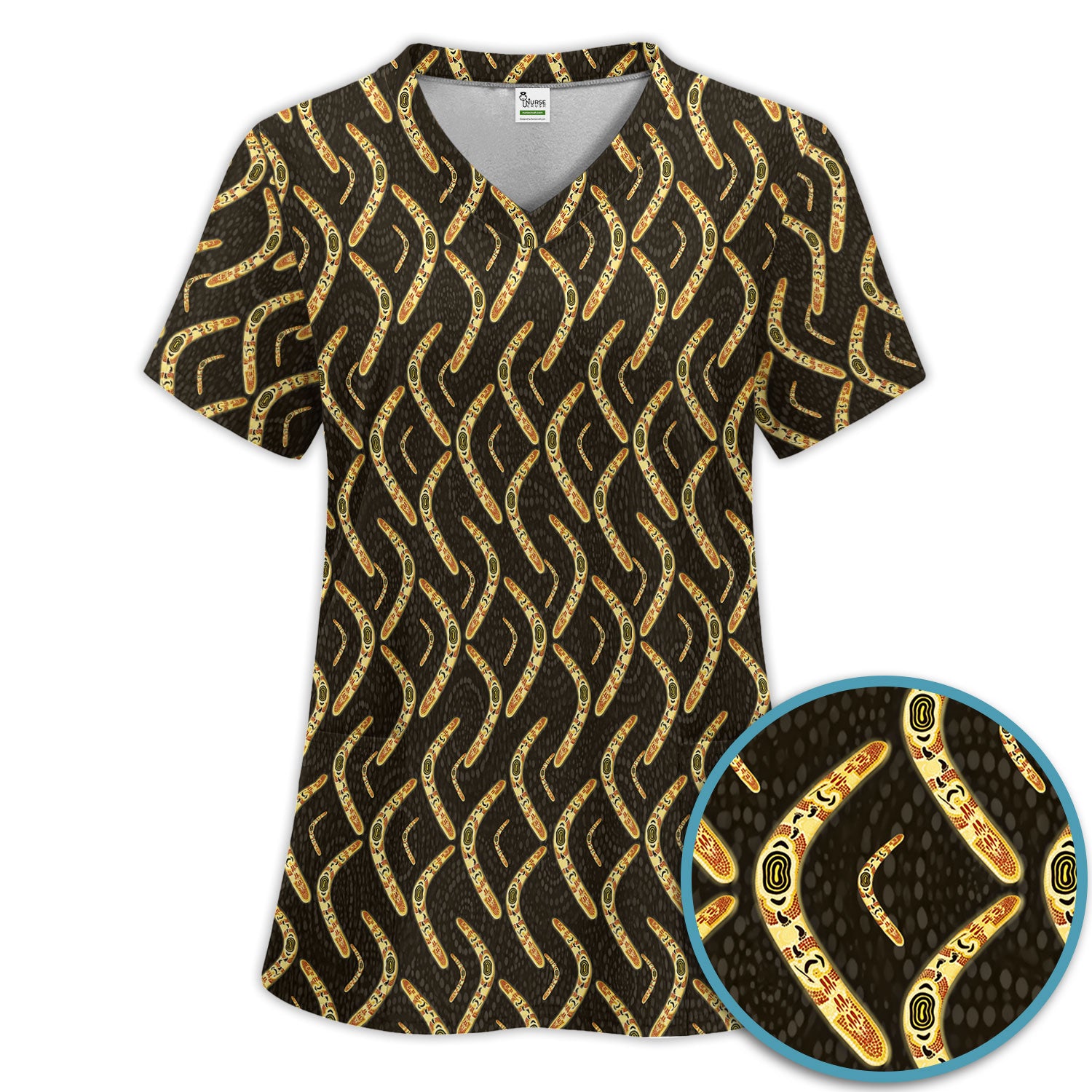 Aboriginal Boomerang Pattern Women Scrub Set, Breathable Med Uniform